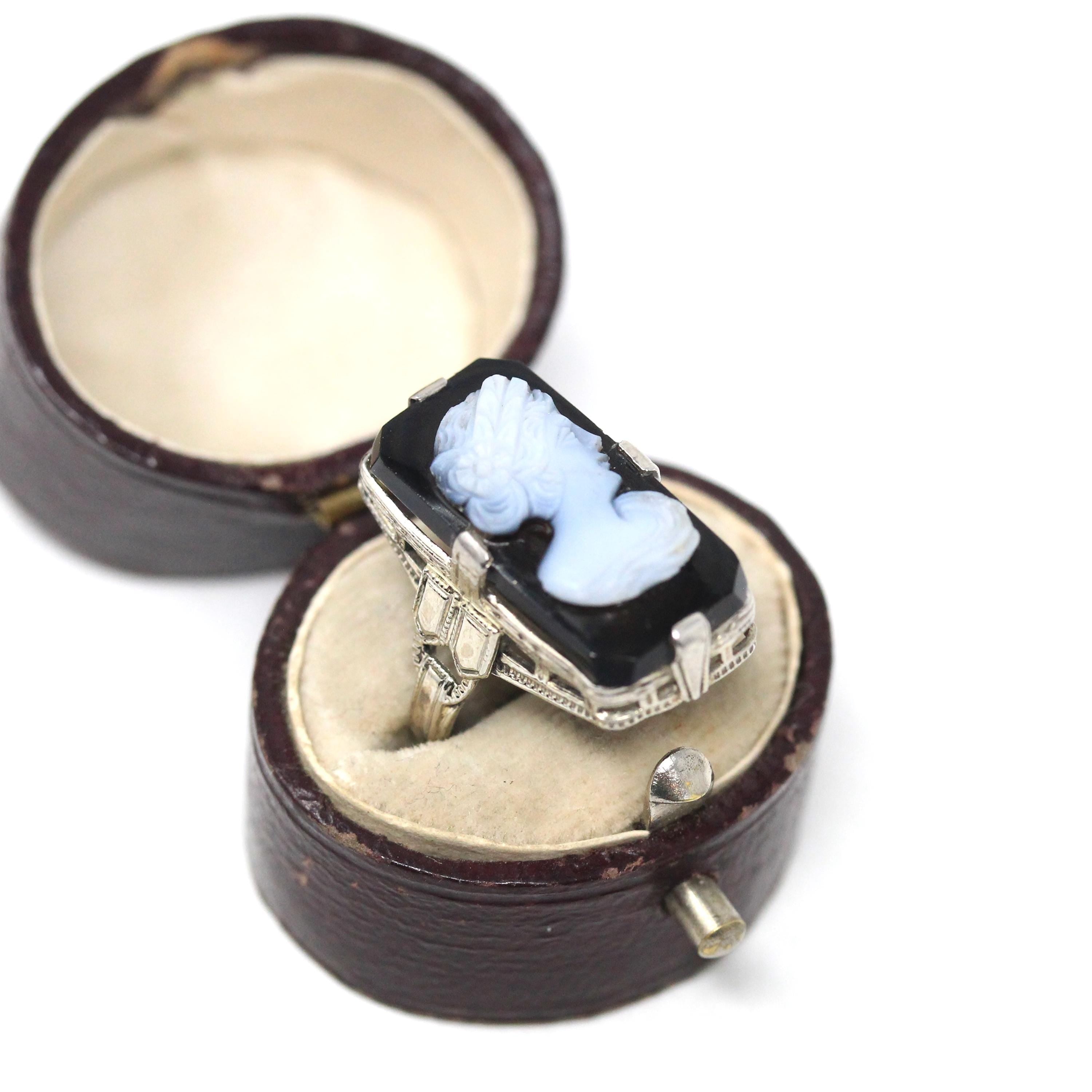 Vintage Cameo Ring - Art Deco 14k White Gold Genuine Carved Black & White Onyx Gemstone - Circa 1930s Era Statement Woman's Profile Jewelry
