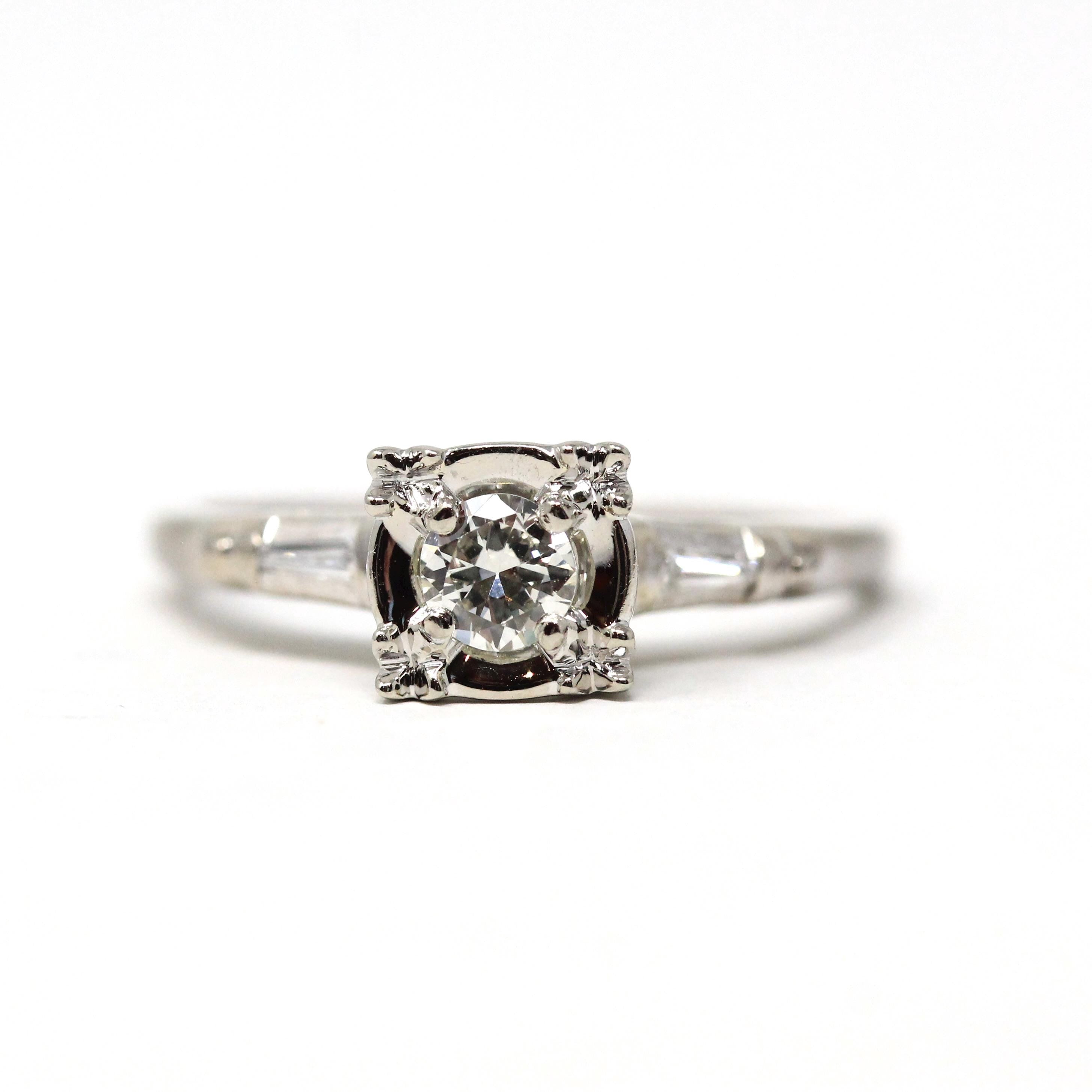 Mid Century Engagement Ring - Vintage 14k White Gold Natural Diamond Illusion Head Solitaire - Circa 1950s Era Tapered Baguette Fine Jewelry
