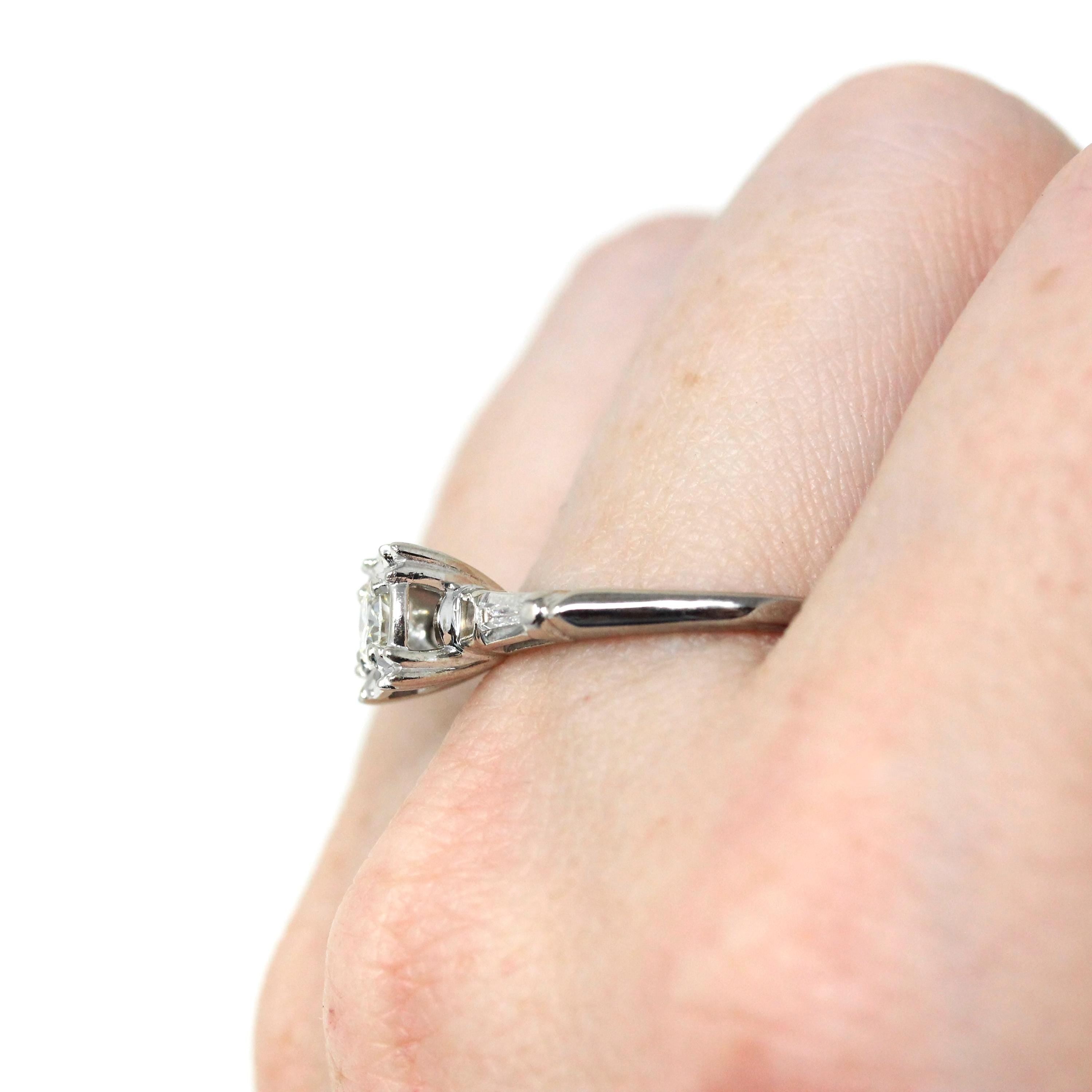 Mid Century Engagement Ring - Vintage 14k White Gold Natural Diamond Illusion Head Solitaire - Circa 1950s Era Tapered Baguette Fine Jewelry