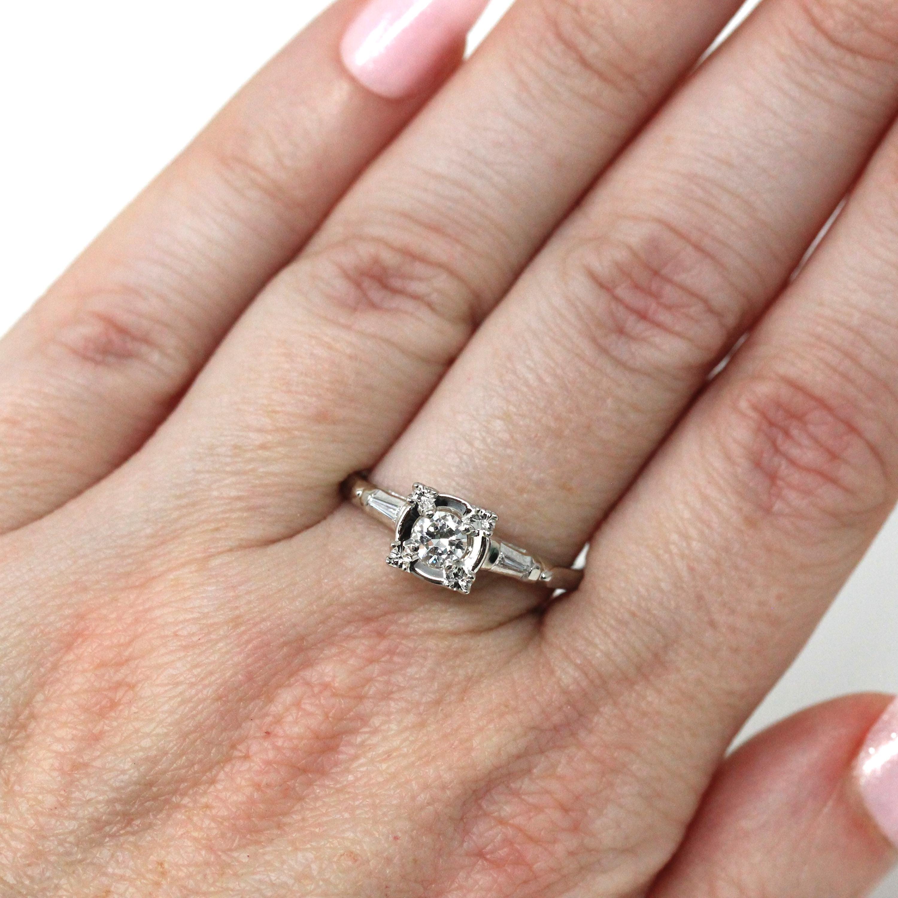 Mid Century Engagement Ring - Vintage 14k White Gold Natural Diamond Illusion Head Solitaire - Circa 1950s Era Tapered Baguette Fine Jewelry