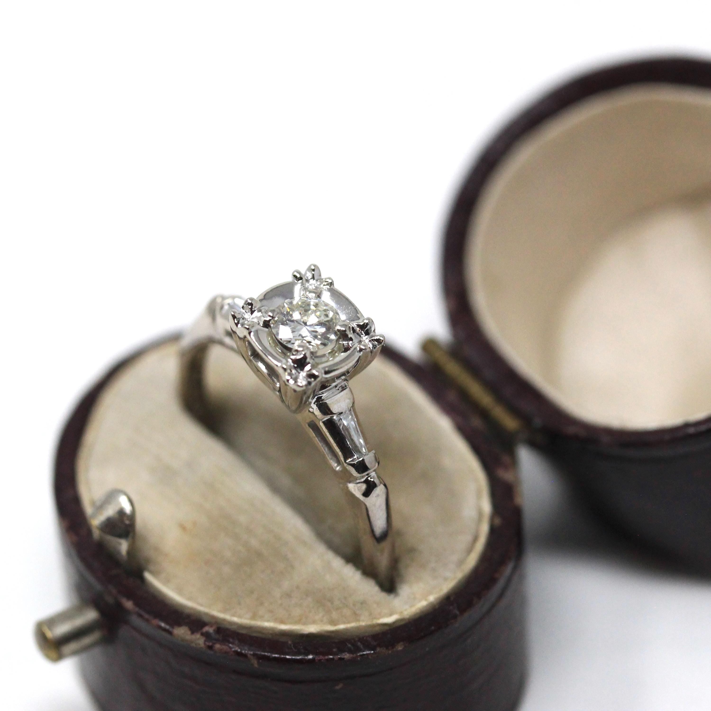 Mid Century Engagement Ring - Vintage 14k White Gold Natural Diamond Illusion Head Solitaire - Circa 1950s Era Tapered Baguette Fine Jewelry