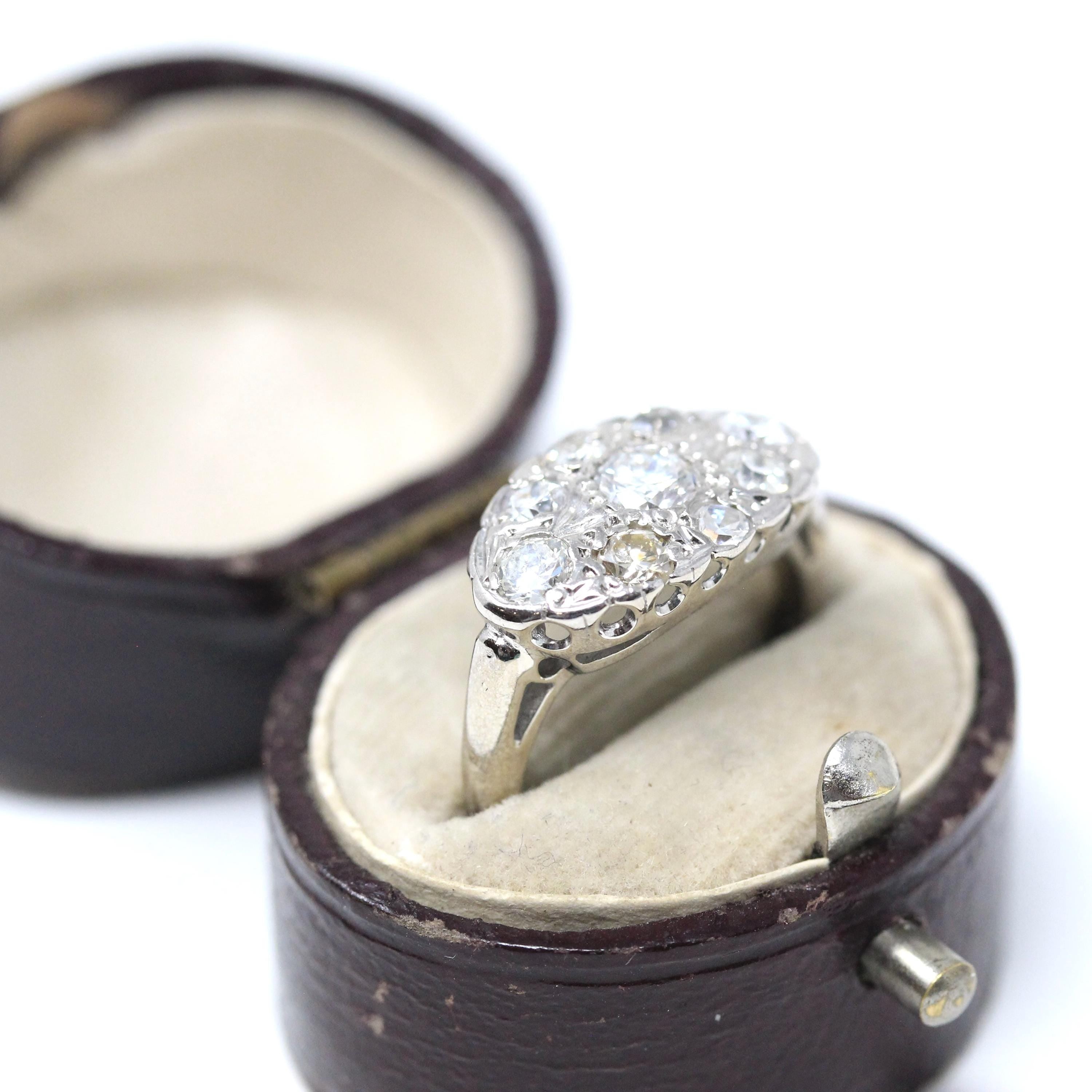 Mid Century Diamond Cluster Ring - 14k White Gold East West Princess Anniversary Statement - Vintage 1940s Cocktail Natural Gem Fine Jewelry