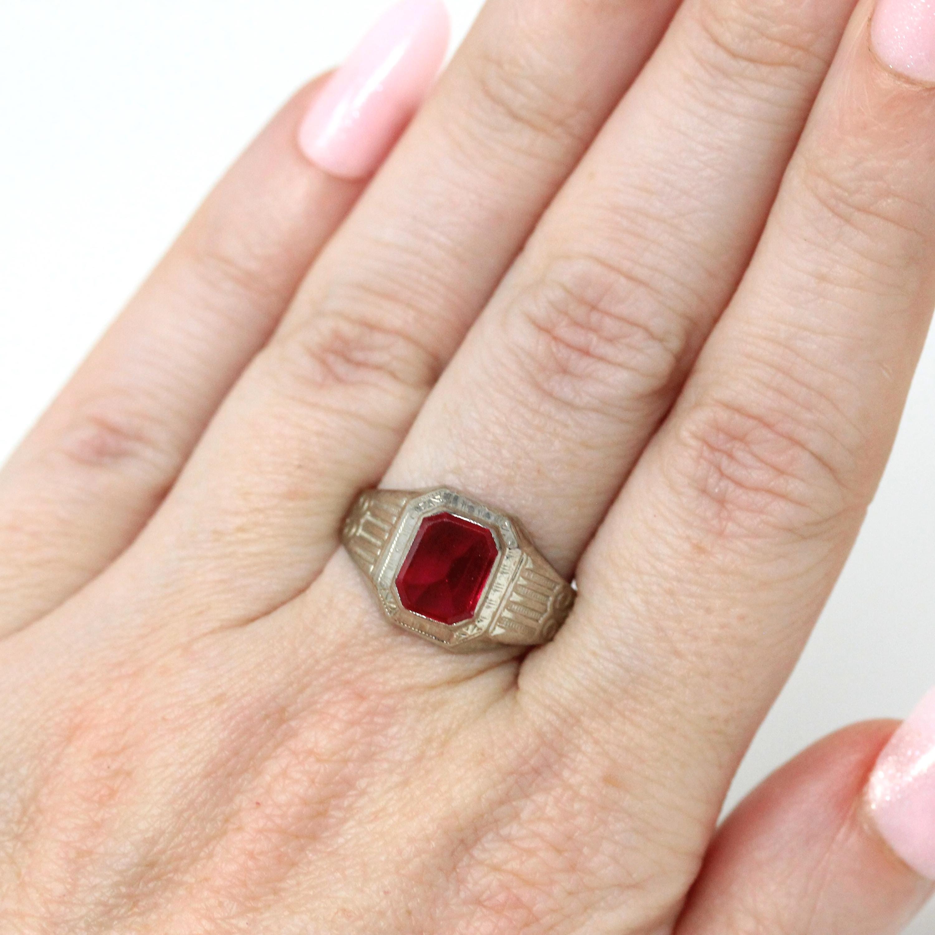 Ostby & Barton Ring - Art Deco 10k White Gold Created Red Ruby