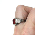 Ostby & Barton Ring - Art Deco 10k White Gold Created Red Ruby Men's Unisex Statement - Circa 1930s Size 7 1/2 July Birthstone Fine Jewelry