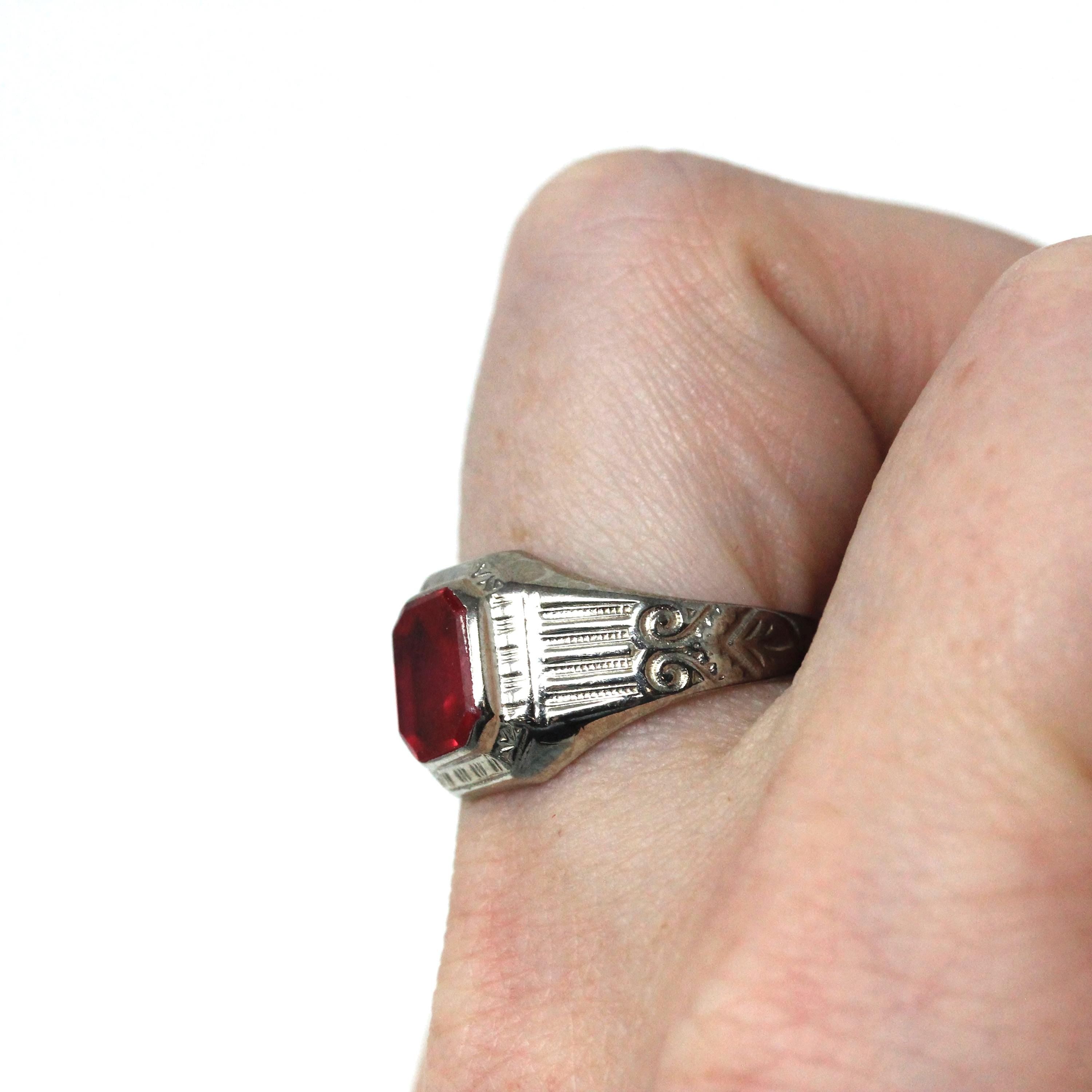 Ostby & Barton Ring - Art Deco 10k White Gold Created Red Ruby Men's Unisex Statement - Circa 1930s Size 7 1/2 July Birthstone Fine Jewelry
