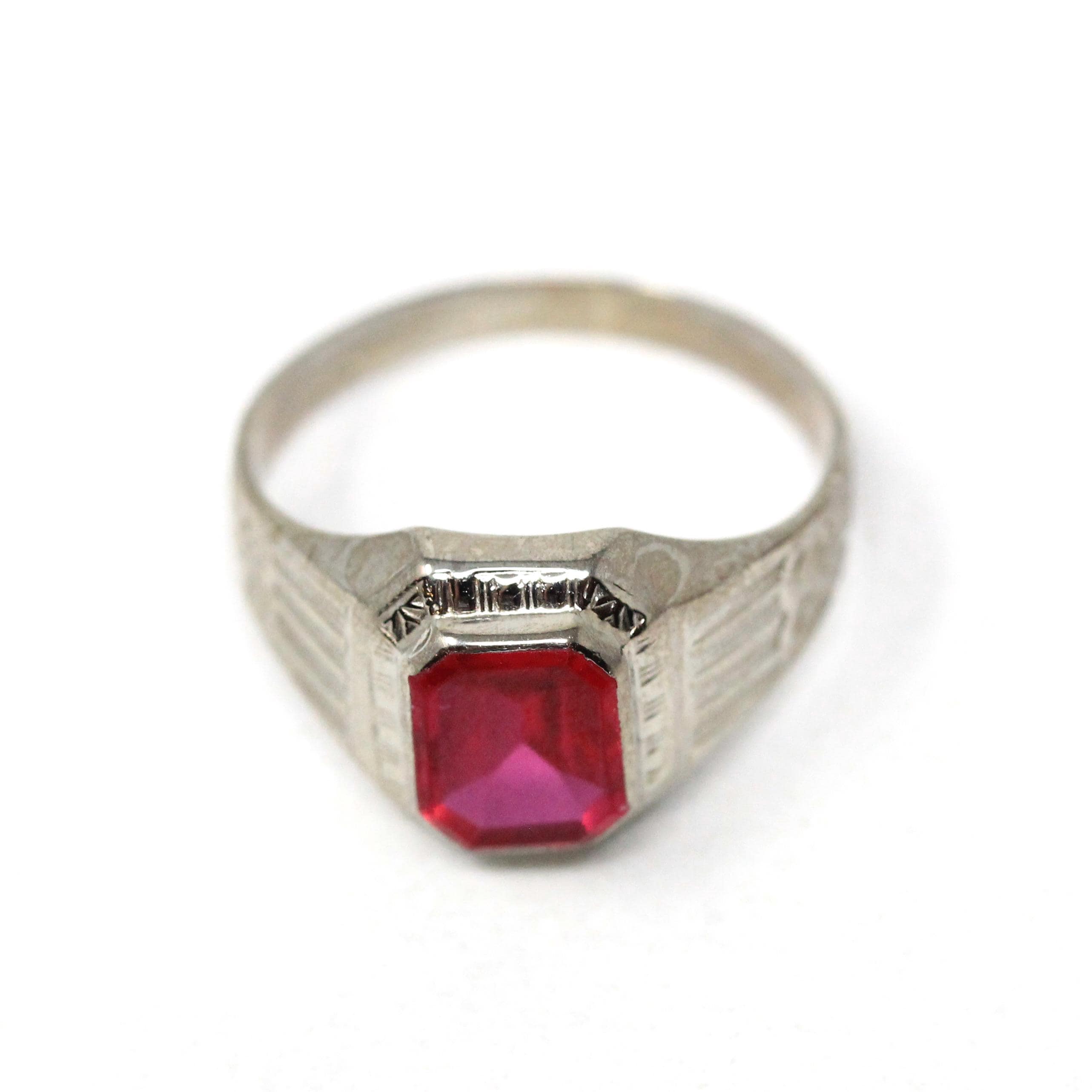 Ostby & Barton Ring - Art Deco 10k White Gold Created Red Ruby Men's Unisex Statement - Circa 1930s Size 7 1/2 July Birthstone Fine Jewelry