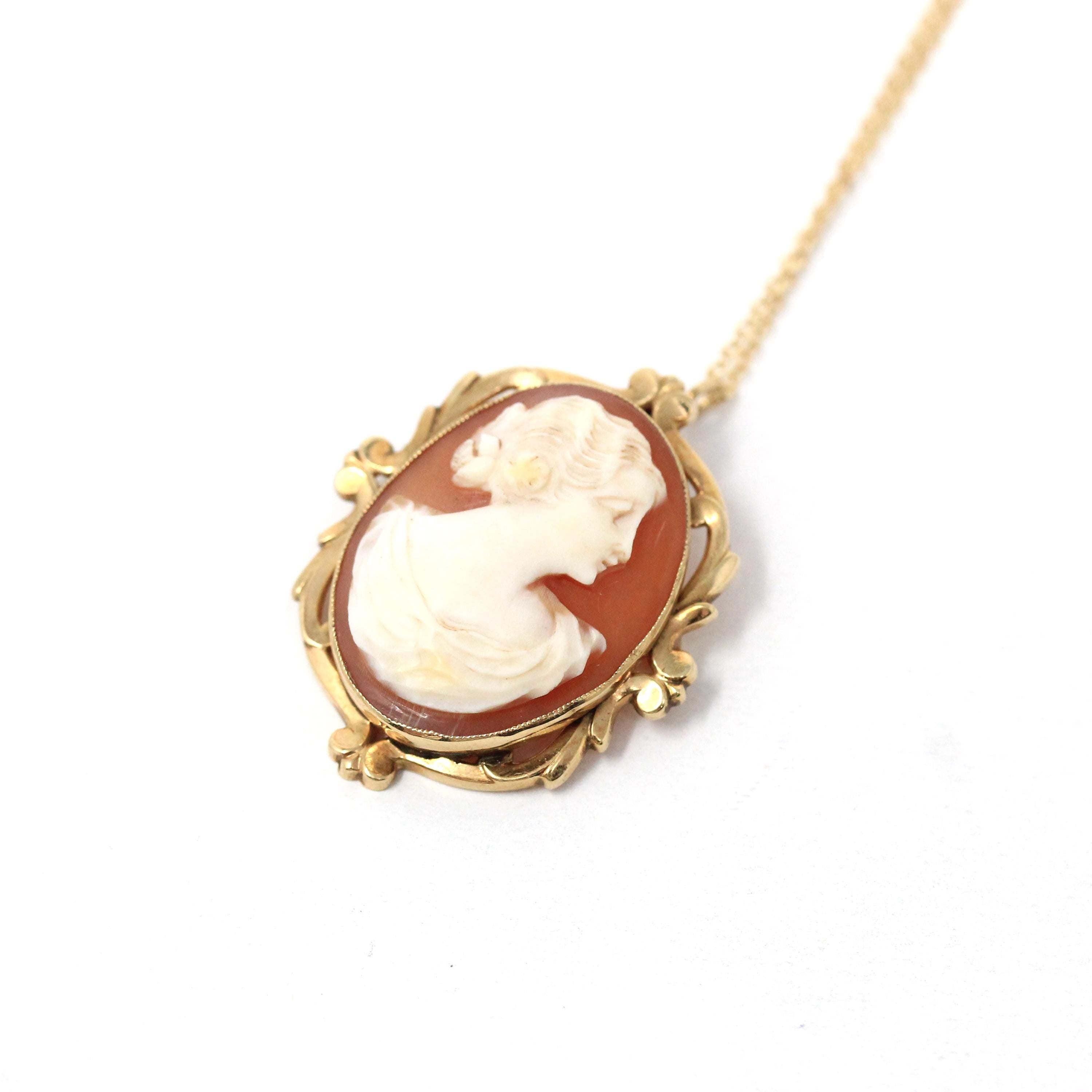 Vintage Cameo Necklace - Mid Century 10k Yellow Gold Carved Shell Woman's Profile Pendant - Circa 1950s Era Statement Brooch Fine Jewelry