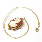 Vintage Cameo Necklace - Mid Century 10k Yellow Gold Carved Shell Woman's Profile Pendant - Circa 1950s Era Statement Brooch Fine Jewelry