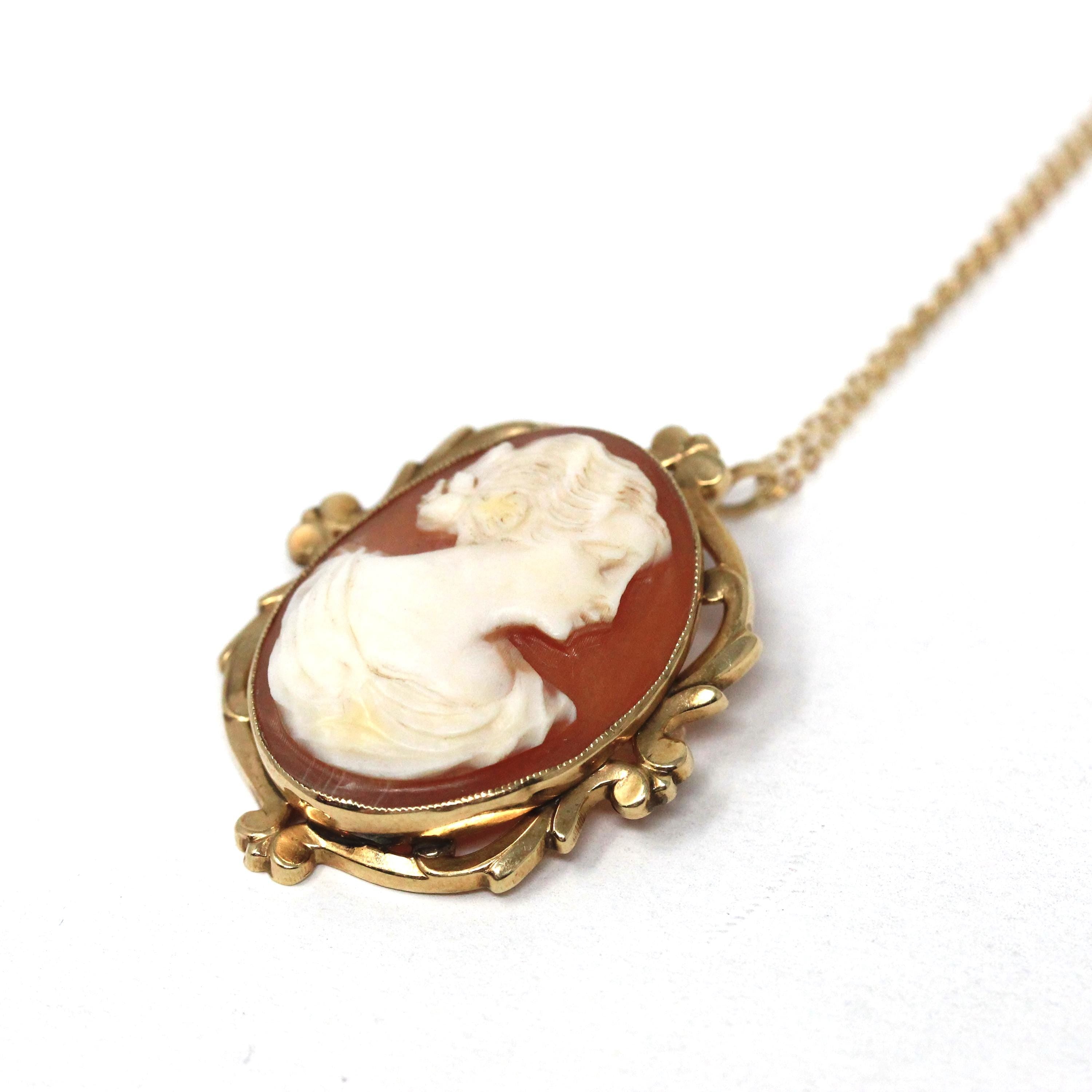 Vintage Cameo Necklace - Mid Century 10k Yellow Gold Carved Shell Woman's Profile Pendant - Circa 1950s Era Statement Brooch Fine Jewelry