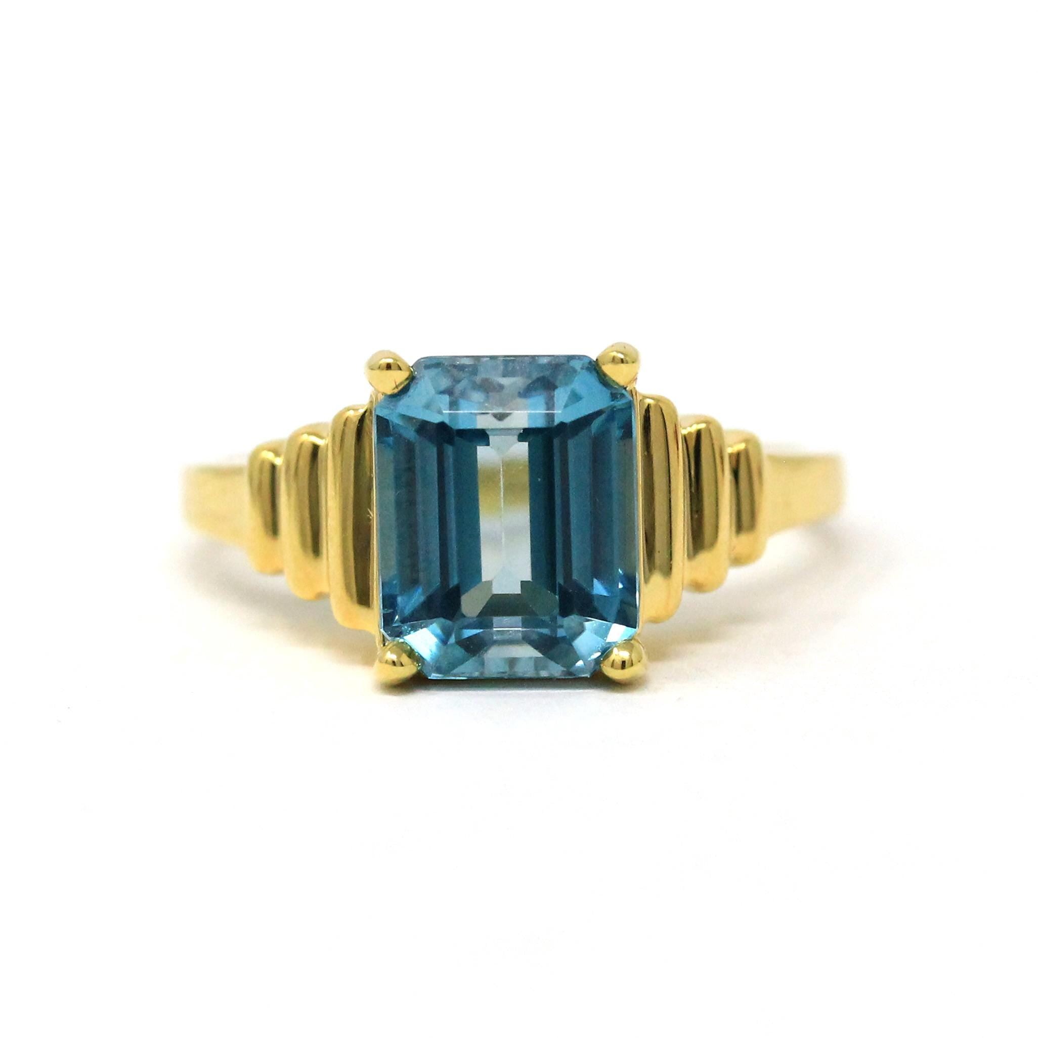 Blue Zircon Ring - Modern 14k Yellow Gold Emerald Cut Faceted 4.71 CT Gemstone - Estate Circa 2000s Era Size 7 3/4 Statement Fine Jewelry