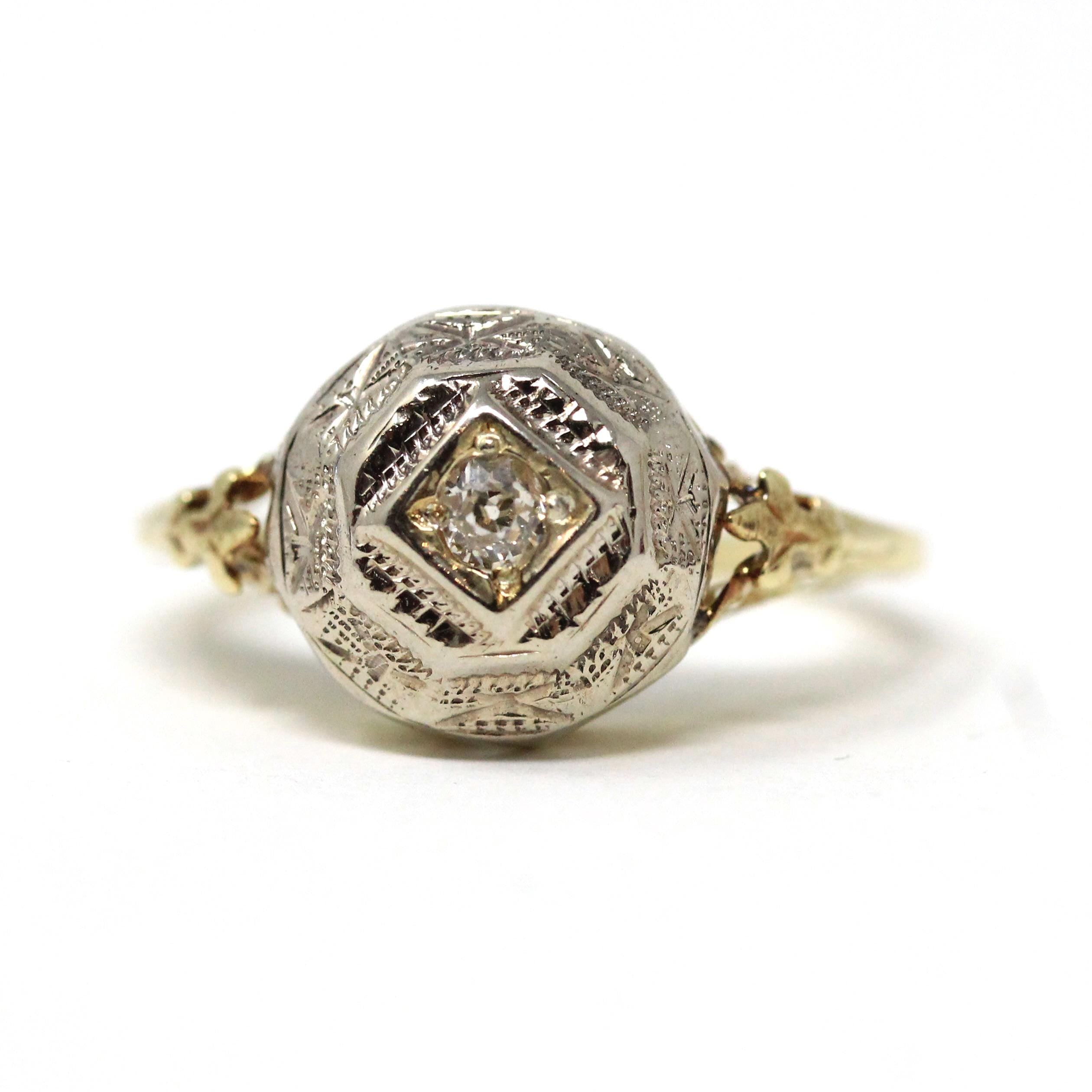 Art Deco Diamond Ring - 14k Yellow & White Gold Natural Solitaire Dome Engagement - Circa 1930s Era Size 5 3/4 Filigree Fine 30s Jewelry