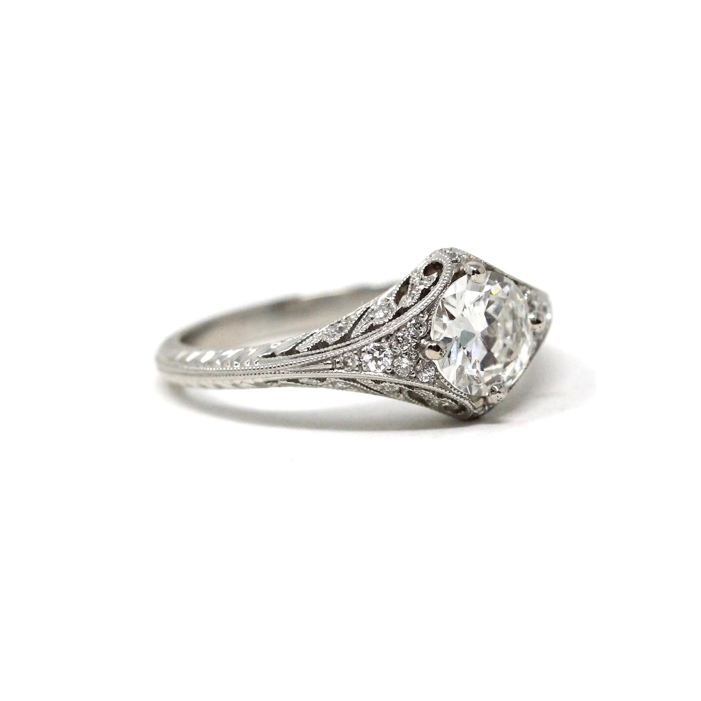 Diamond Engagement Ring - Art Deco Style Platinum .98 CTW Old European Cut Filigree Lacy Open Metal - Estate Size 5 3/4 Fine Modern Jewelry