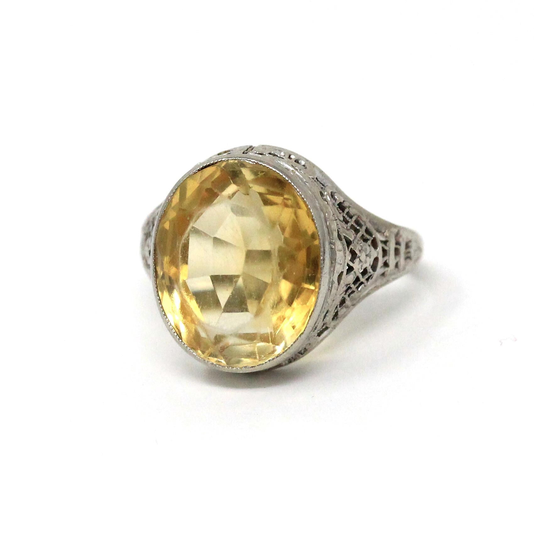 Natural Citrine Ring - Art Deco 14k White Gold Oval Faceted Gemstone - Vintage Circa 1930s Era Size 5 3/4 November Birthstone Fine Jewelry