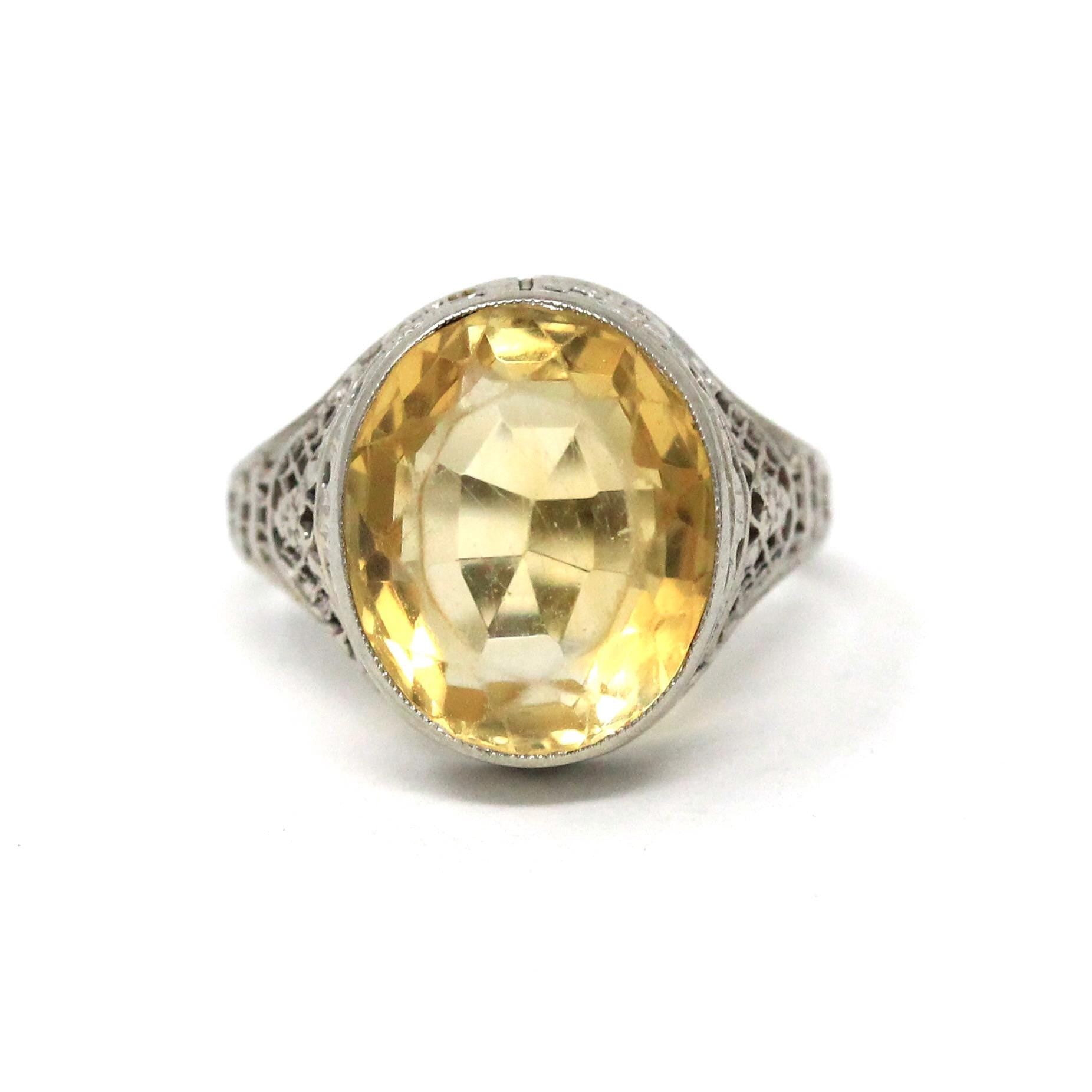 Natural Citrine Ring - Art Deco 14k White Gold Oval Faceted Gemstone - Vintage Circa 1930s Era Size 5 3/4 November Birthstone Fine Jewelry