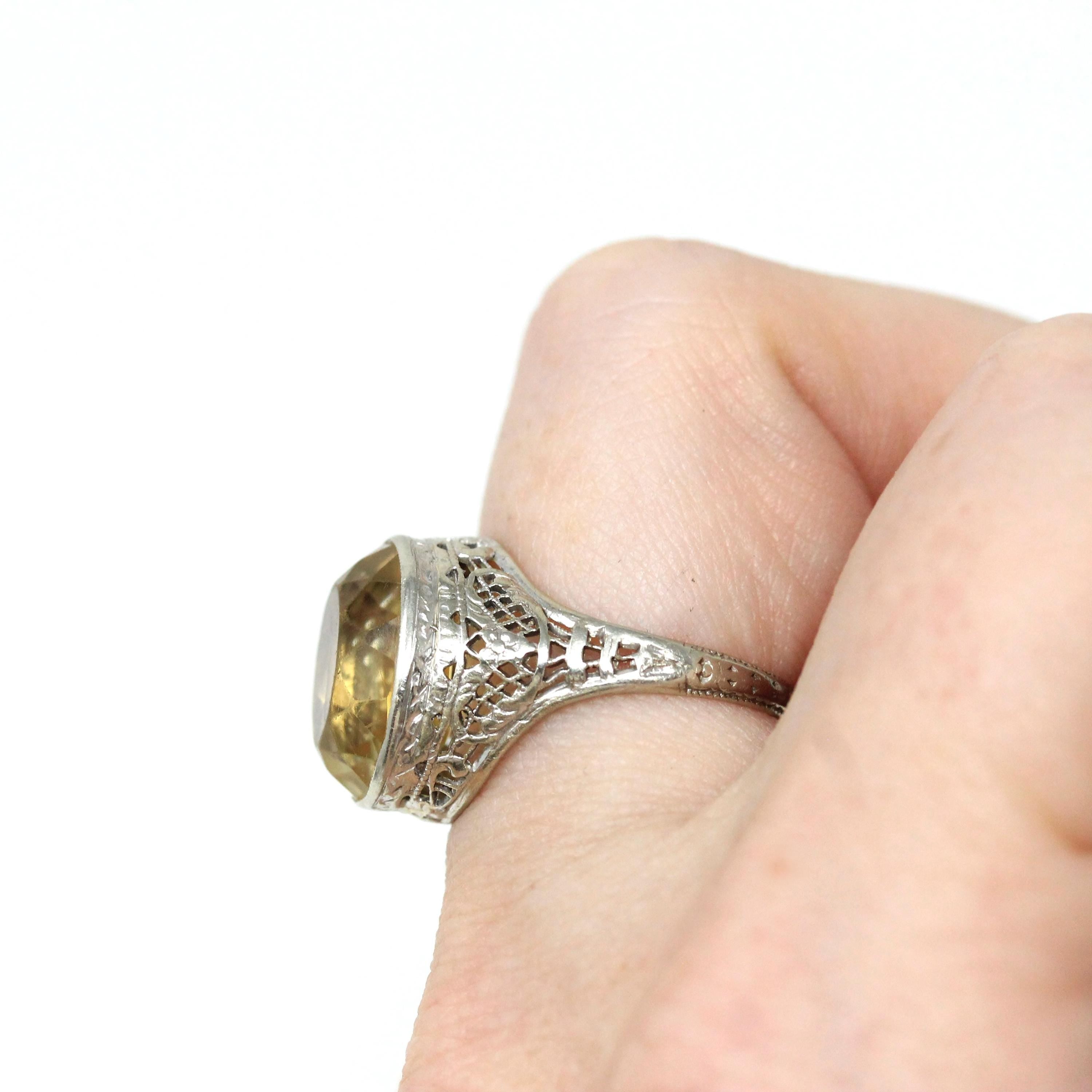Natural Citrine Ring - Art Deco 14k White Gold Oval Faceted Gemstone - Vintage Circa 1930s Era Size 5 3/4 November Birthstone Fine Jewelry