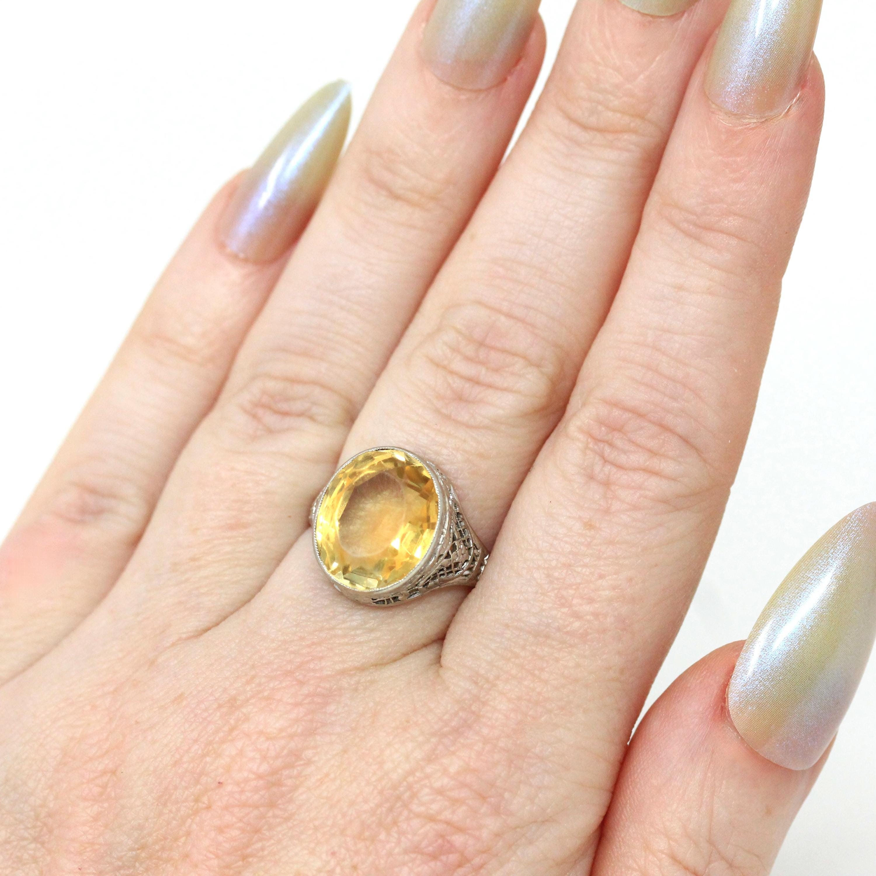 Natural Citrine Ring - Art Deco 14k White Gold Oval Faceted Gemstone - Vintage Circa 1930s Era Size 5 3/4 November Birthstone Fine Jewelry