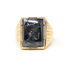 Vintage Hematite Ring - Mid Century 10k Yellow Gold Intaglio Carved Gray Gem - Circa 1940s Era Size 10 3/4 Statement Fine Unisex Jewelry