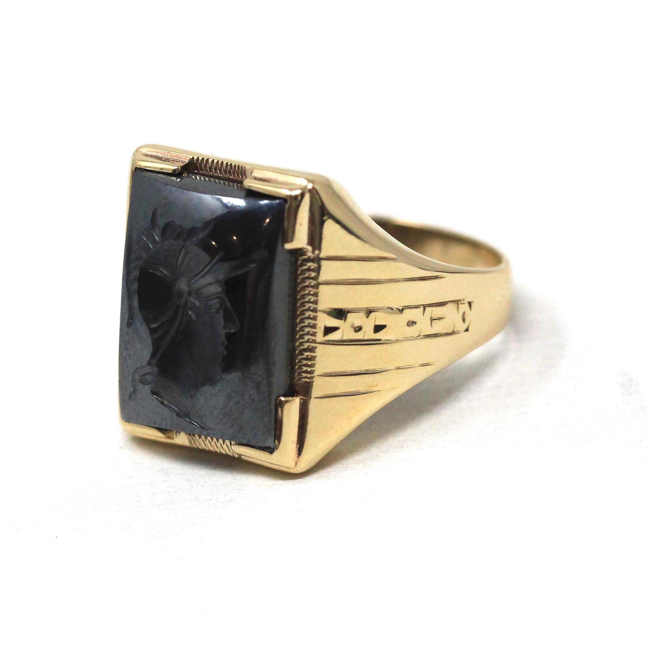 Vintage Hematite Ring - Mid Century 10k Yellow Gold Intaglio Carved Gray Gem - Circa 1940s Era Size 10 3/4 Statement Fine Unisex Jewelry