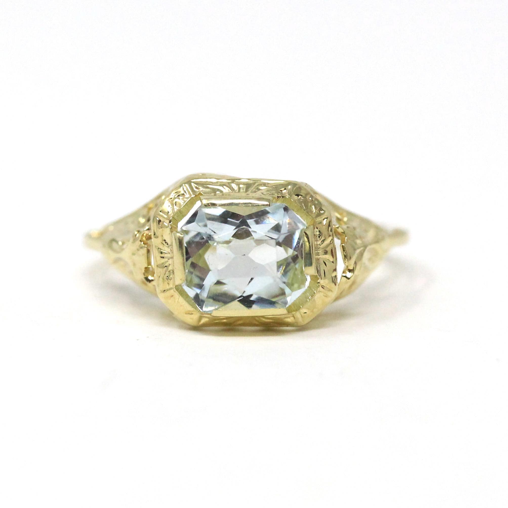 Vintage Aquamarine Ring - Art Deco Era 14k Yellow Gold Natural Light Blue Gemstone - Circa 1930s Size 5 1/2 Filigree Die Struck Fine Jewelry