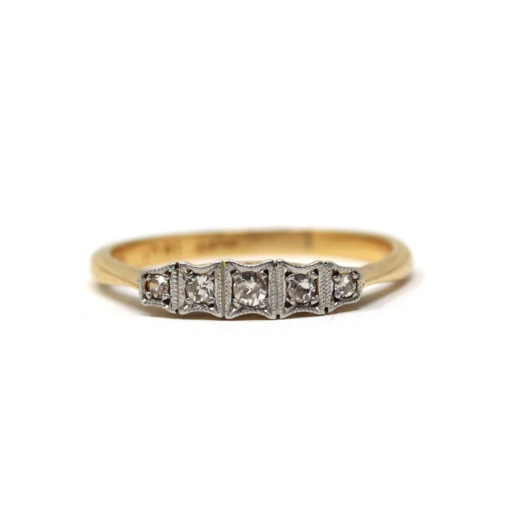 Diamond Wedding Band - Mid Century 18k Yellow Gold & Platinum Natural .13 CTW Gems - Circa 1940s Size 8 Fine Two Tone Bridal Band Jewelry