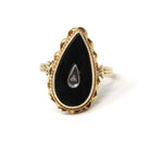 Vintage Onyx Ring - Mid Century 14k Yellow Gold Pear Teardrop Black Chalcedony Natural Diamond - Circa 1960s Era Size 5 3/4 Fine 60s Jewelry