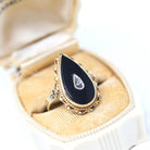 Vintage Onyx Ring - Mid Century 14k Yellow Gold Pear Teardrop Black Chalcedony Natural Diamond - Circa 1960s Era Size 5 3/4 Fine 60s Jewelry