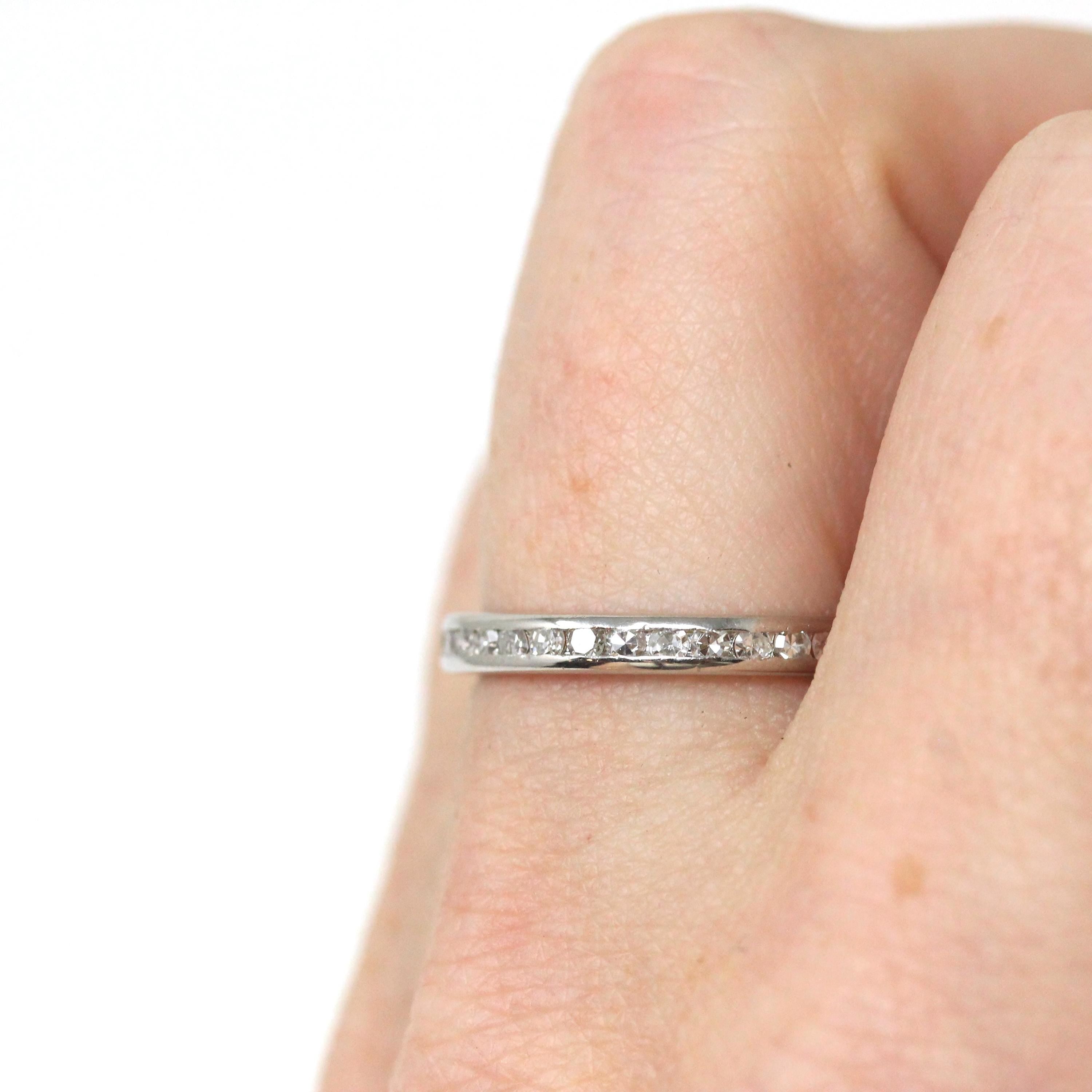 Diamond Eternity Band - Mid Century Era Platinum Channel Natural Gemstones Wedding Bridal Ring - Vintage Circa 1950s Size 6 Fine 50s Jewelry