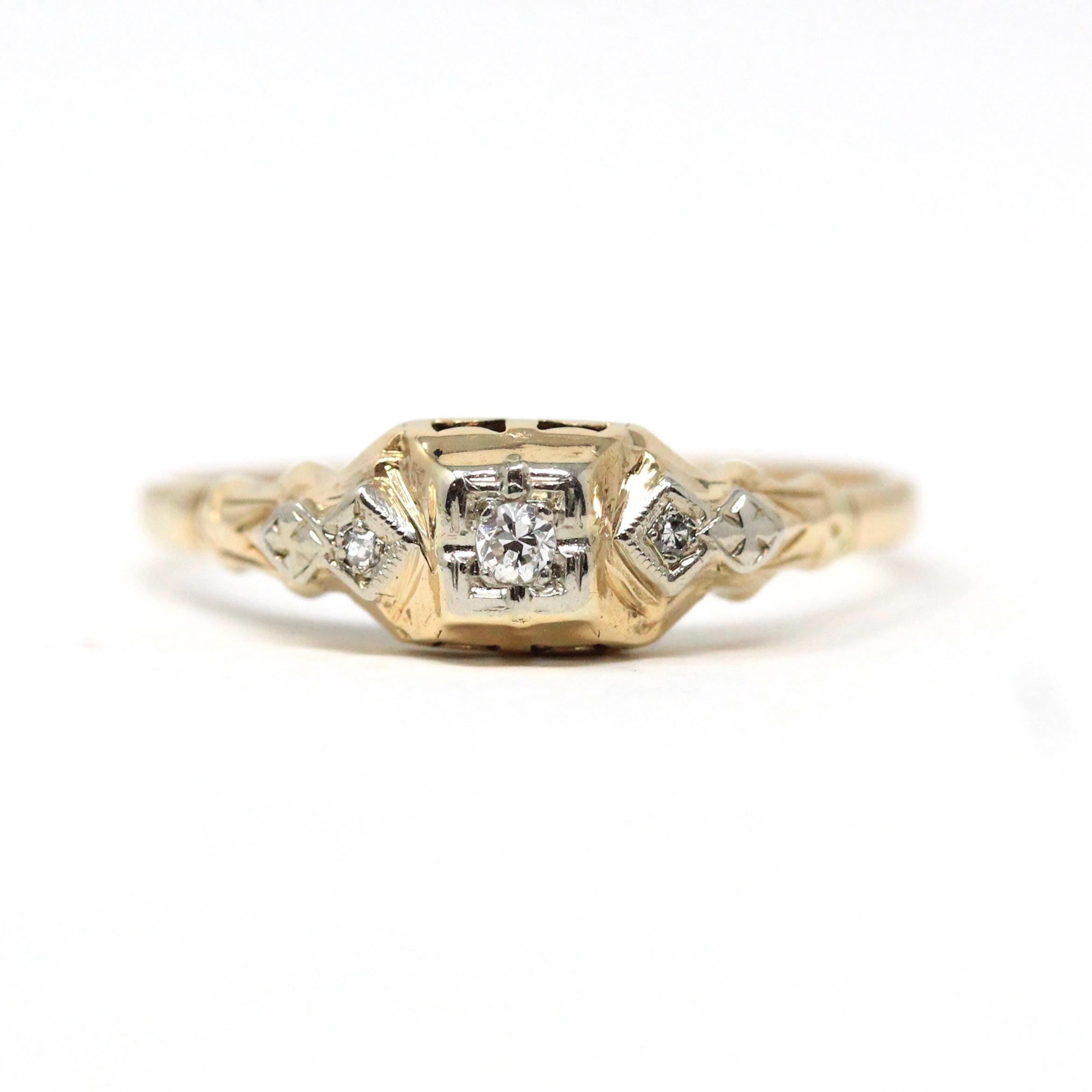 Vintage Diamond Ring - Art Deco Era 14k Yellow White Gold Natural Gemstones Engagement - Dated 1937 Era Size 9 3/4 Two Tone Fine Jewelry