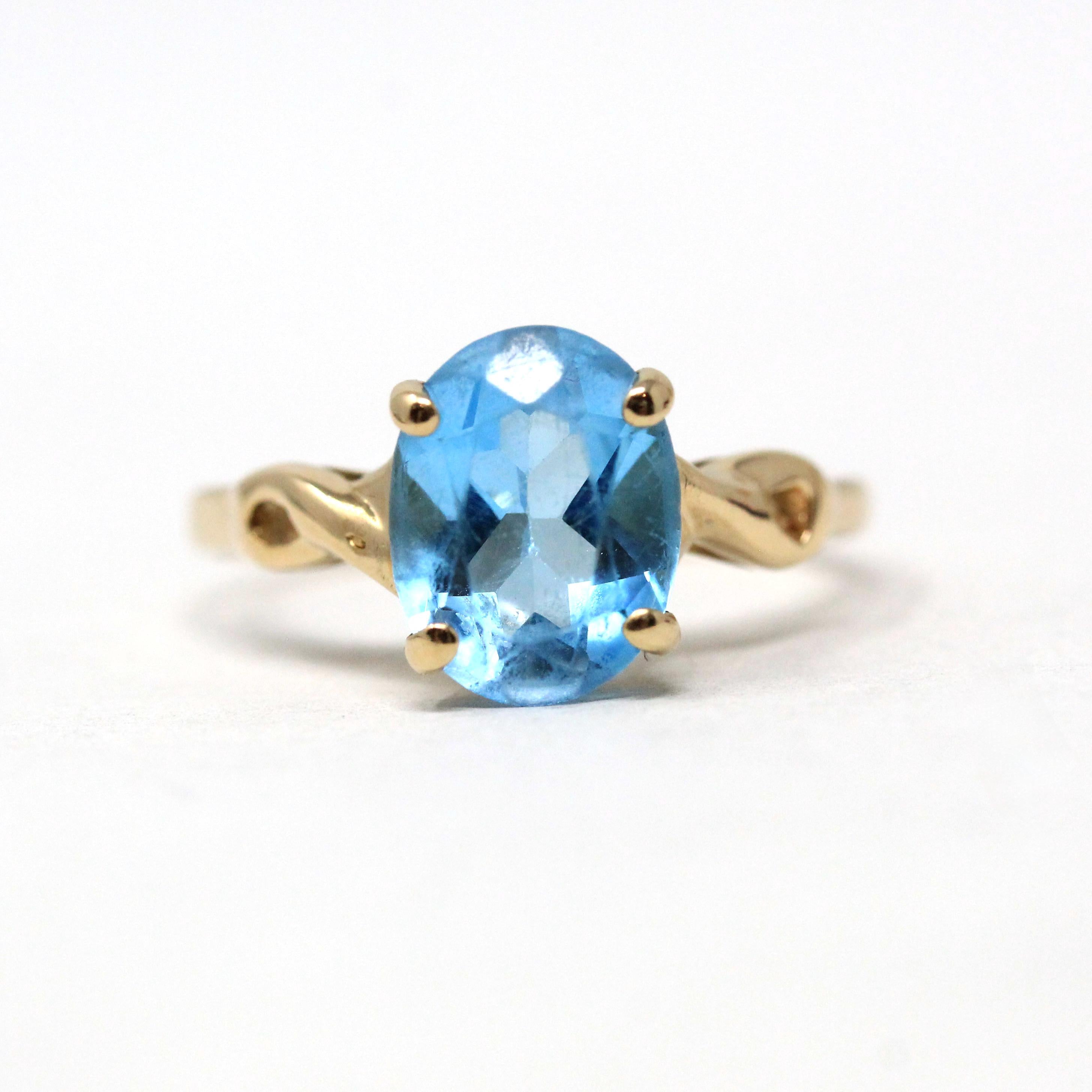 Blue Topaz Ring - Estate 14k Yellow Gold Prong Genuine Oval 2.26 CT Gemstone Solitaire - Modern Circa 2000s Era Size 4 CID Fine Y2K Jewelry