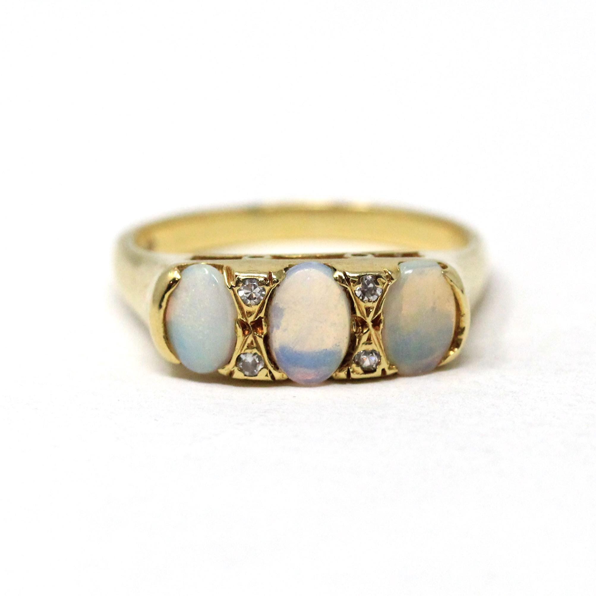Opal & Diamond Band - Modern 18k Yellow Gold Natural Gemstone Ring - Estate Dated 1980 Size 6 3/4 English Hallmarked Fine Statement Jewelry