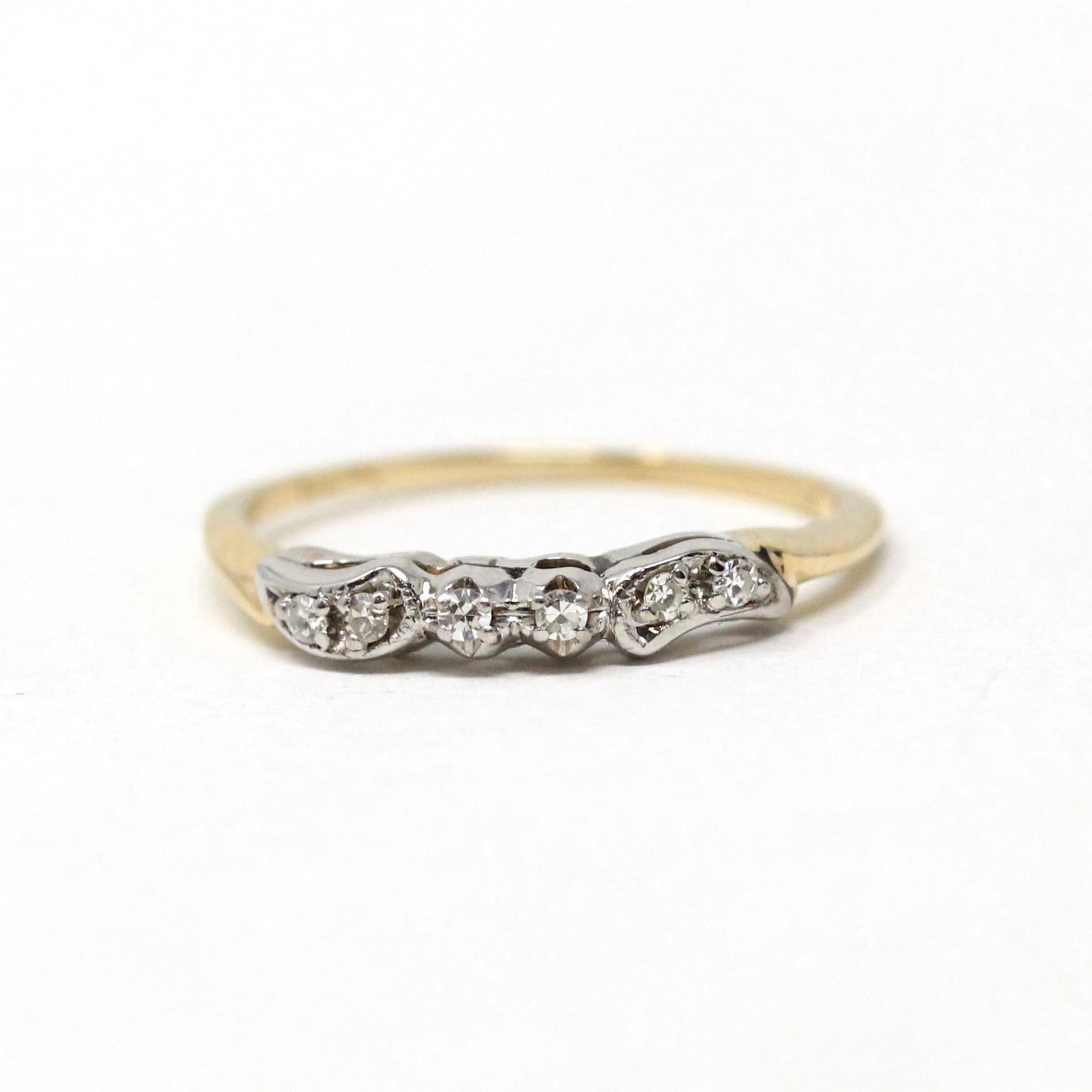 Vintage Wedding Band - Retro Era 14k Yellow & White Gold Natural .07 CTW Diamonds - Circa 1960s Size 5 1/4 Fine Two Tone Bridal Band Jewelry