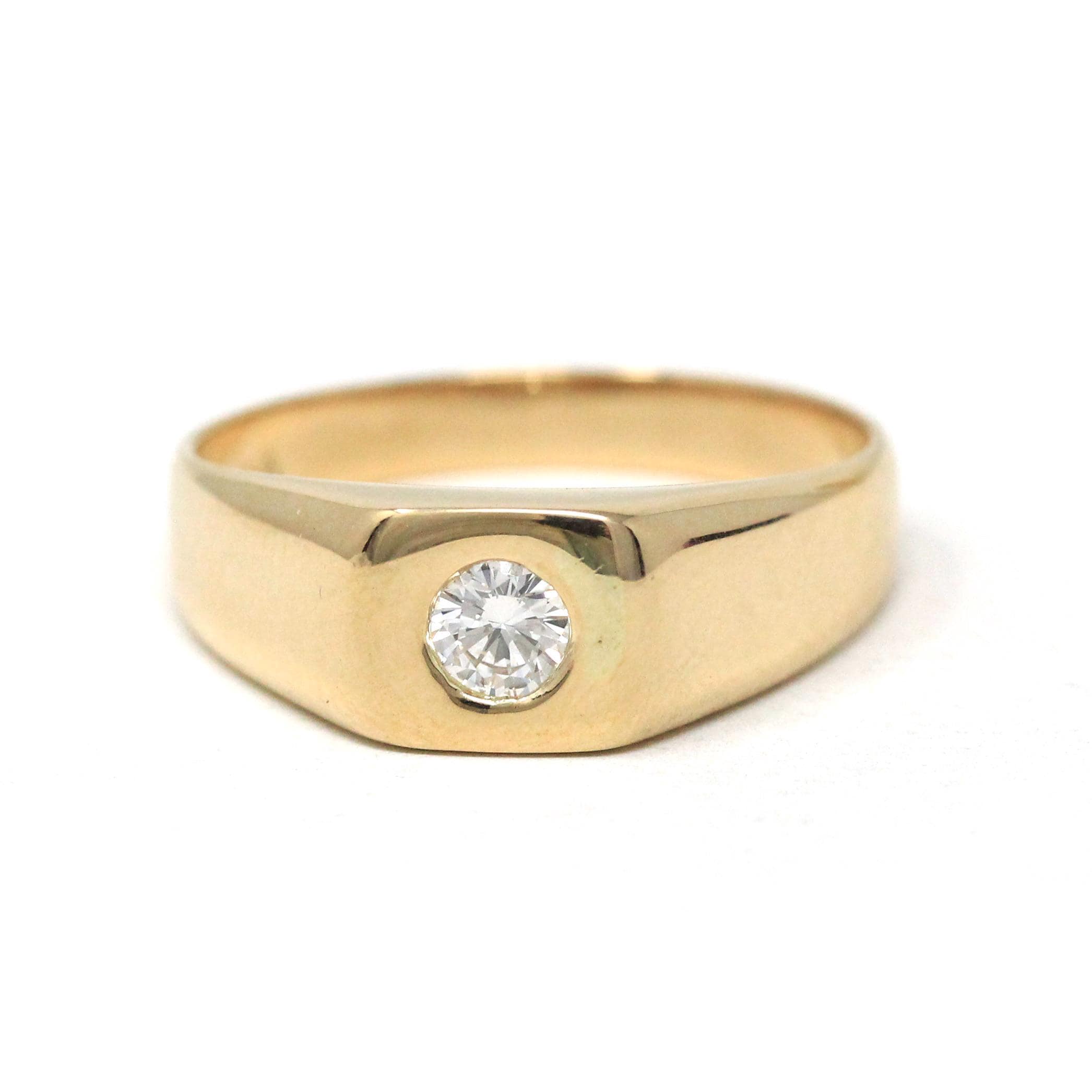 Vintage Diamond Ring - Estate 14k Yellow Gold Solitaire Square Bezel Tapered Band - Modern Era 1980s Size 9 3/4 Men's Unisex Fine Jewelry