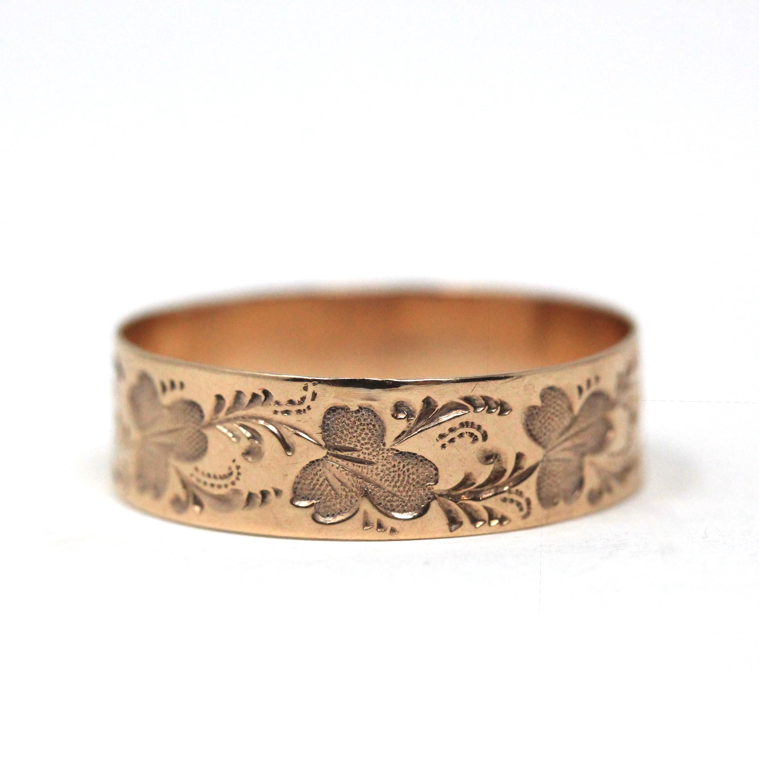 Antique Cigar Band - Edwardian 10k Rose Gold Nature Inspired Engraved Ring - Circa 1900s Era Size 10 1/2 Fine Unisex Statement Fine Jewelry