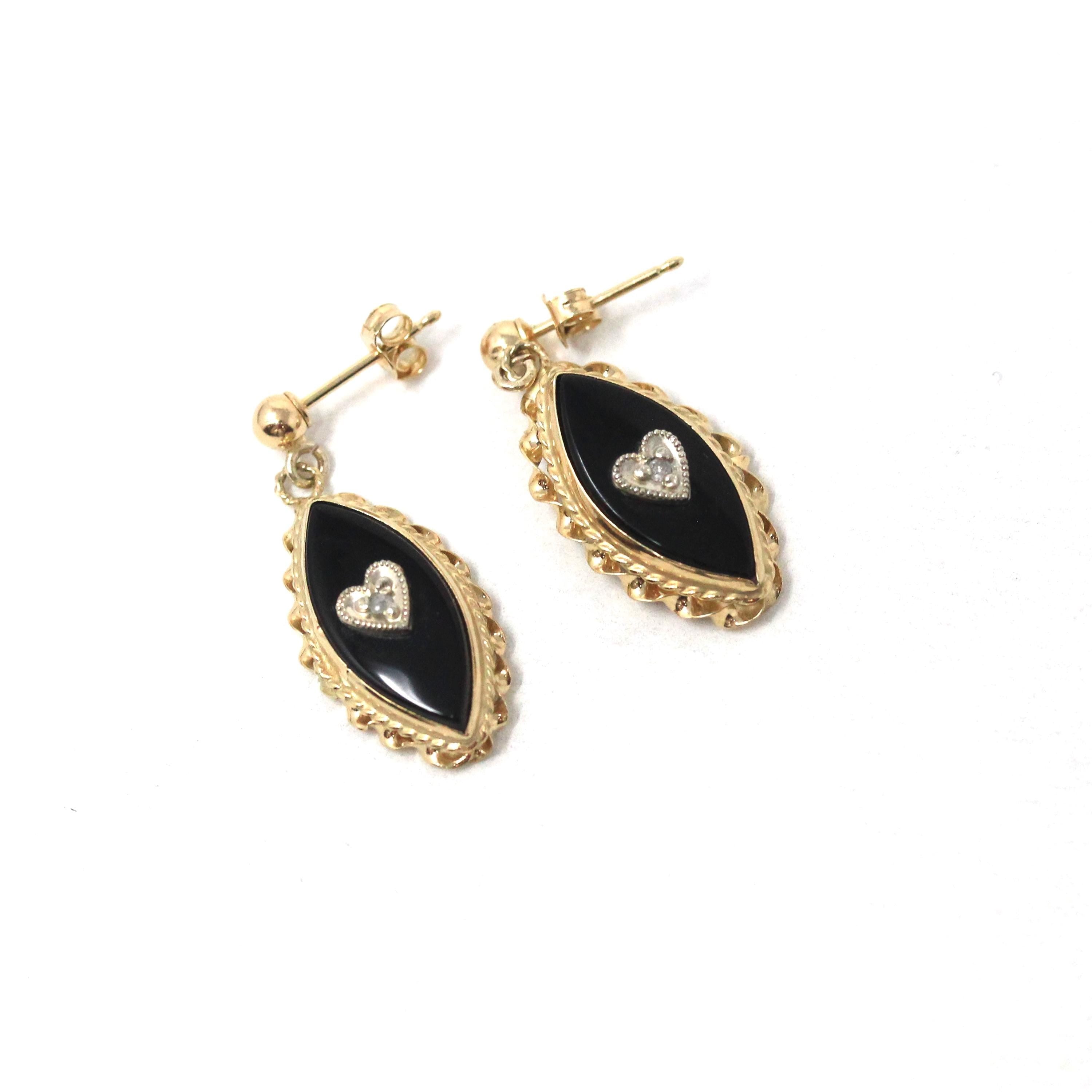 Onyx Drop Earrings - Mid Century 14k Gold Navette Black Chalcedony Heart Diamond Gemstones - Vintage Circa 1960s Era Dangle Fine 60s Jewelry