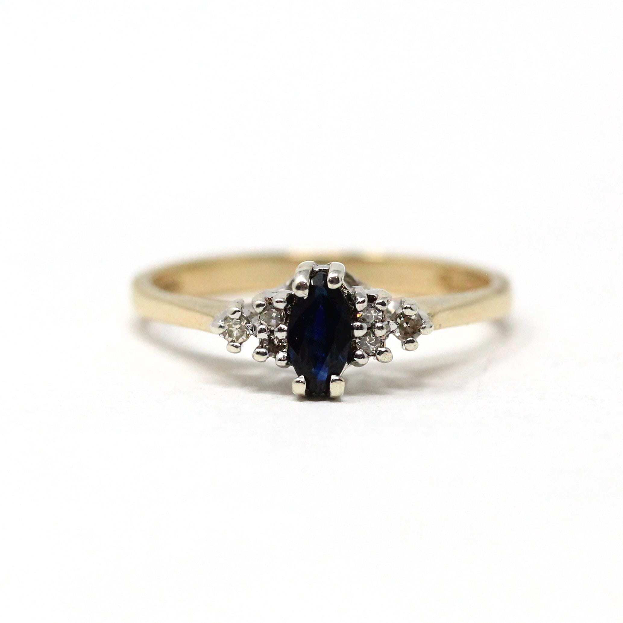 Estate Sapphire Ring - Modern 9k Two Tone Gold Blue Gemstone & Diamond Accents Engagement - Dated 1984 Size 6 1/4 Fine Statement Jewelry