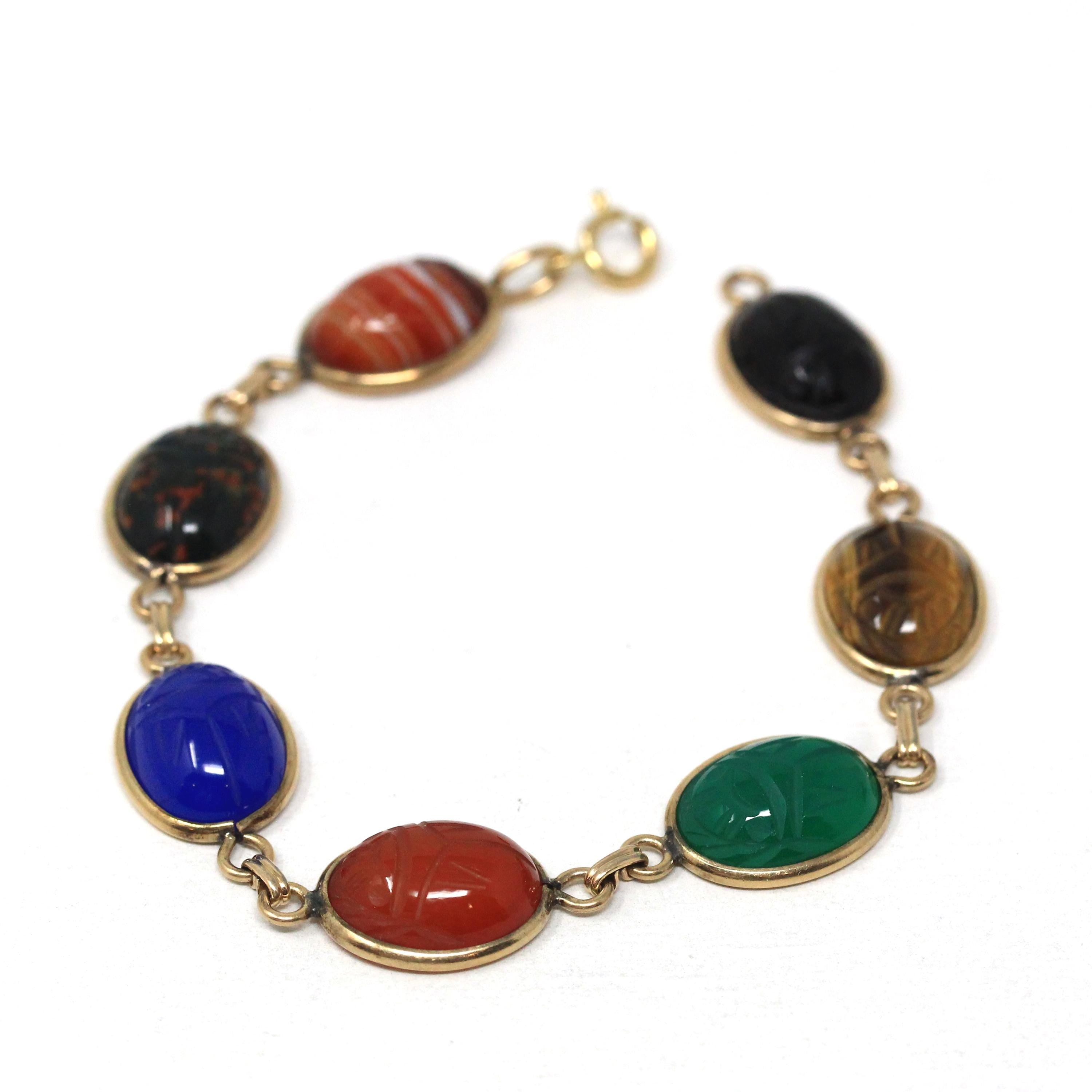 Vintage Scarab Bracelet - Retro 14k Gold Filled Carved Gemstones - Circa 1960s Era Egyptian Revival Tigers Eye Chalcedony Agate Gem Jewelry