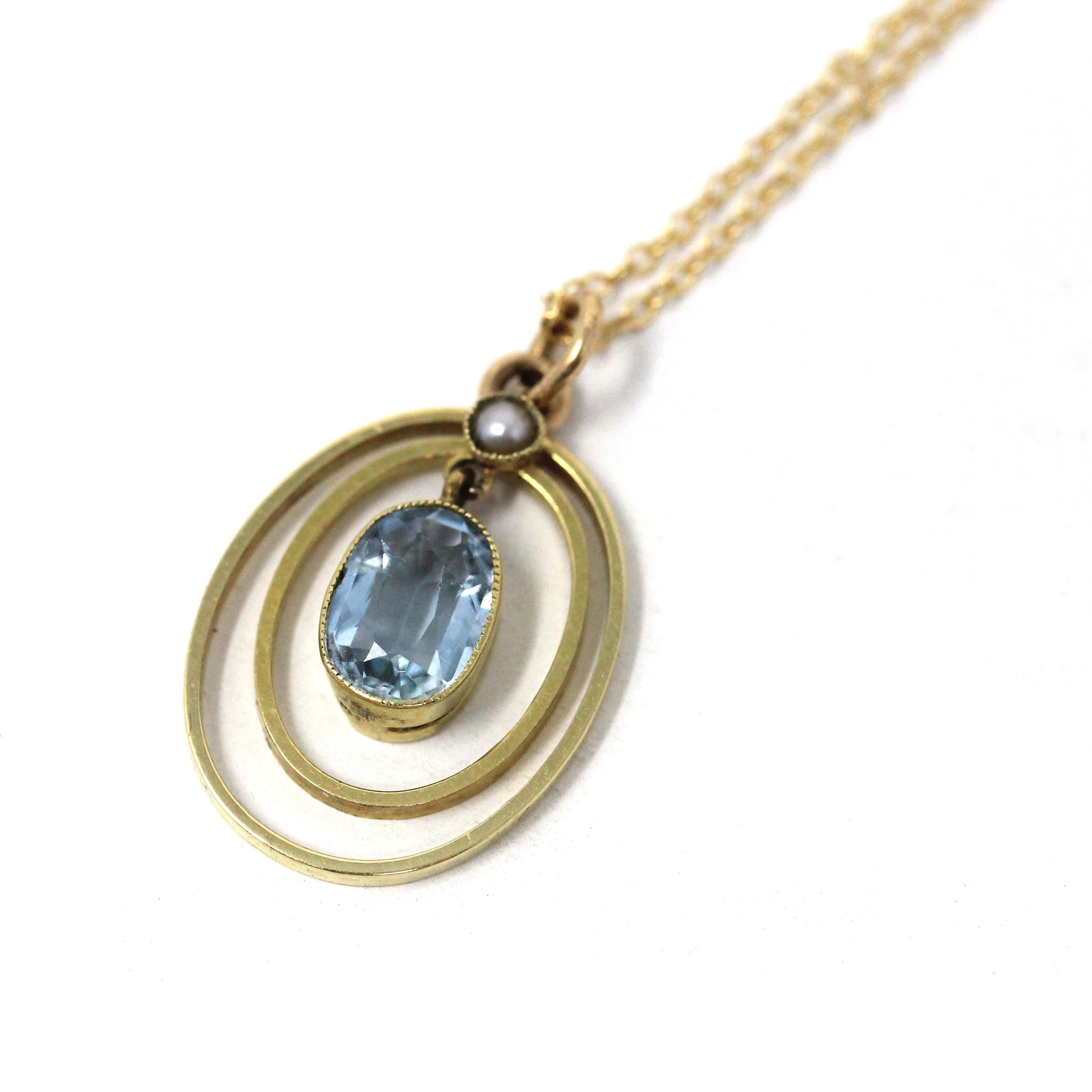 Antique Aquamarine Necklace - Edwardian 14k Yellow Gold Blue .80 CT Gem Oval Pendant - Circa 1910s Era Seed Pearl Fine Statement Jewelry