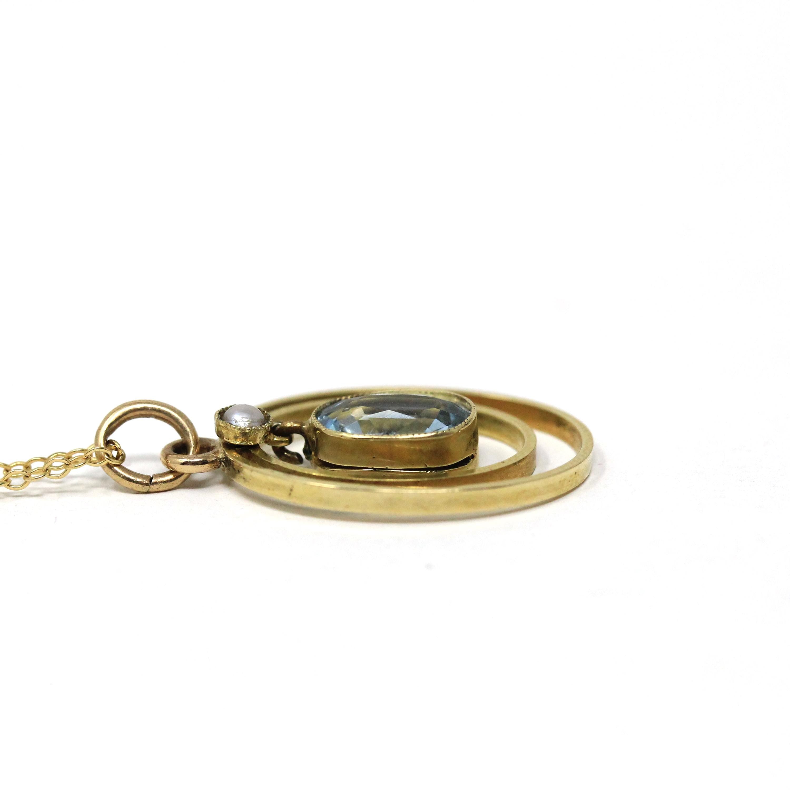 Antique Aquamarine Necklace - Edwardian 14k Yellow Gold Blue .80 CT Gem Oval Pendant - Circa 1910s Era Seed Pearl Fine Statement Jewelry