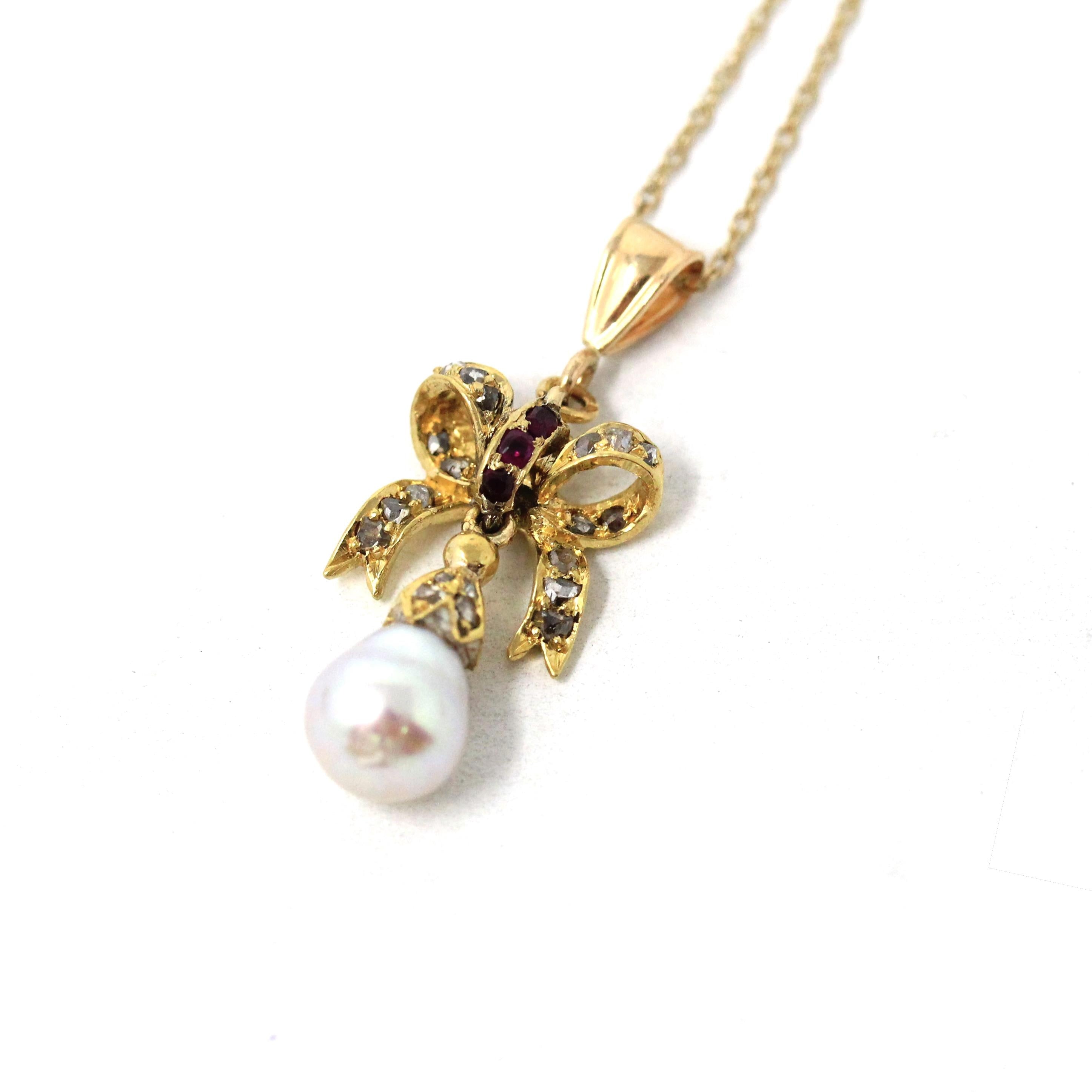 Antique Bow Lavalier - Edwardian 22k Yellow Gold Baroque Pearl Natural Diamonds Created Rubies Pendant Necklace - Vintage 1910s Fine Jewelry