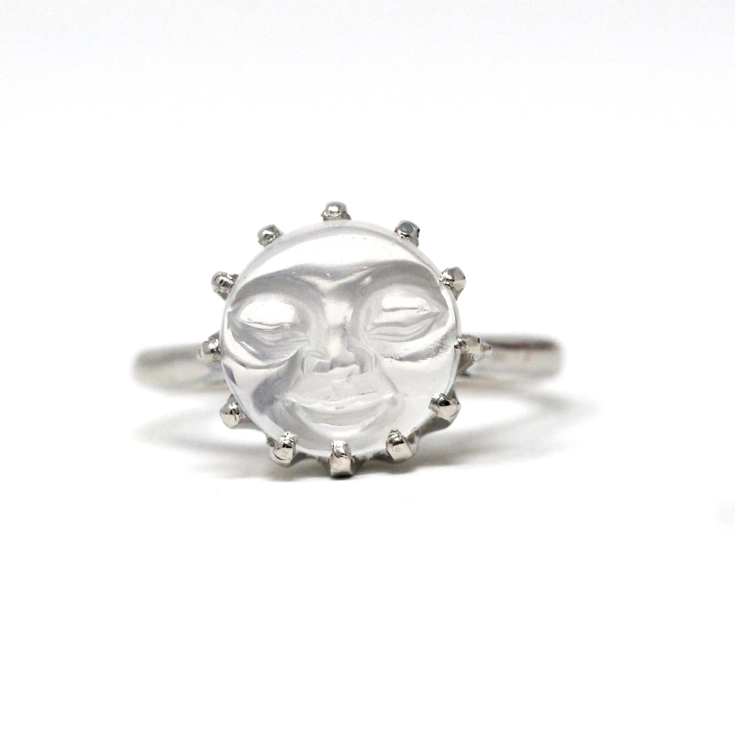 Man in the Moonstone Ring - Vintage Platinum Prong Solitaire Setting - Circa 1950s Era Size 6 1/4 National Gem June Birthstone Fine Jewelry