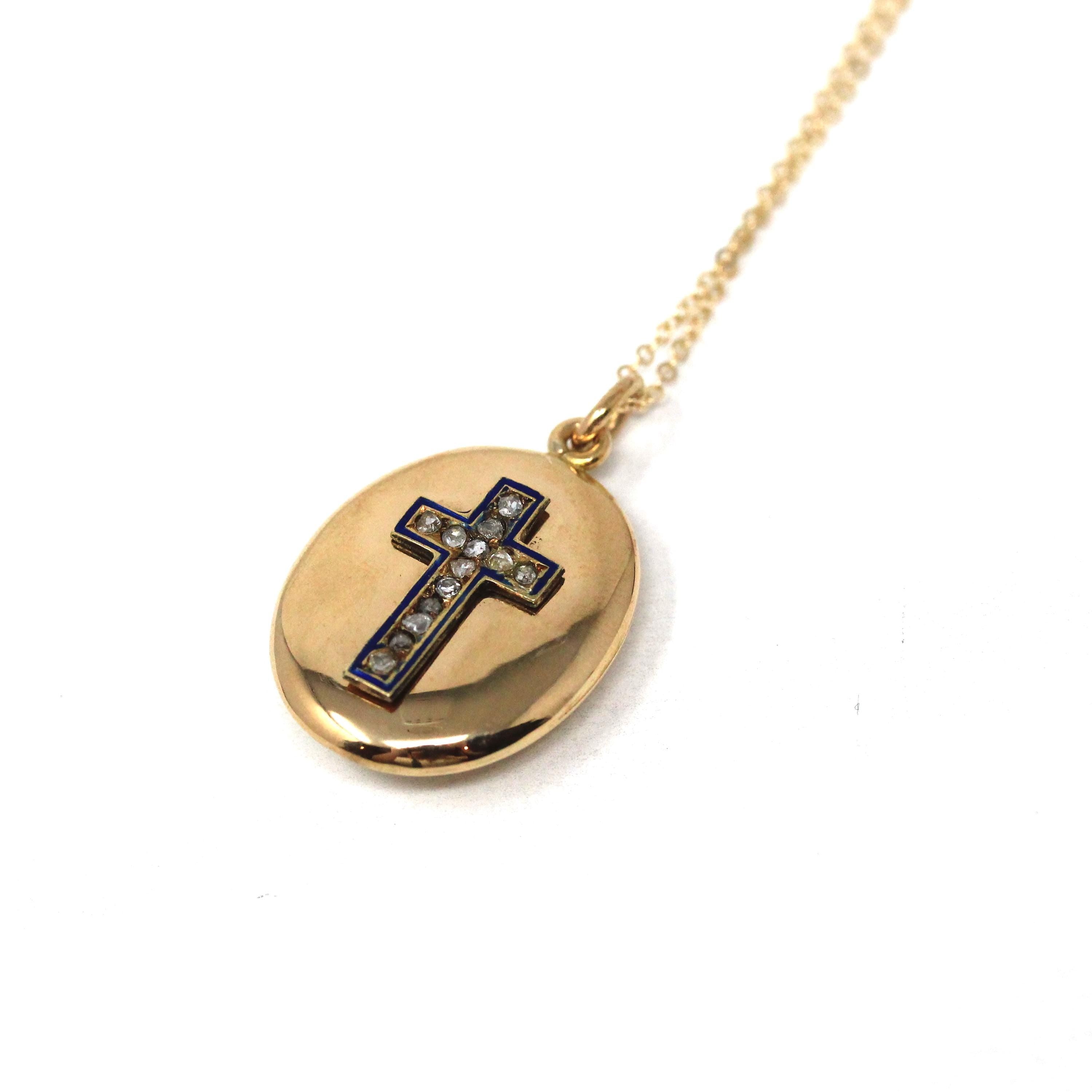 Antique Diamond Cross Pendant - Victorian 14k Yellow Gold Black Enamel Moss Agate Pendant - Vintage Religious Christian 1800s Fine Jewelry