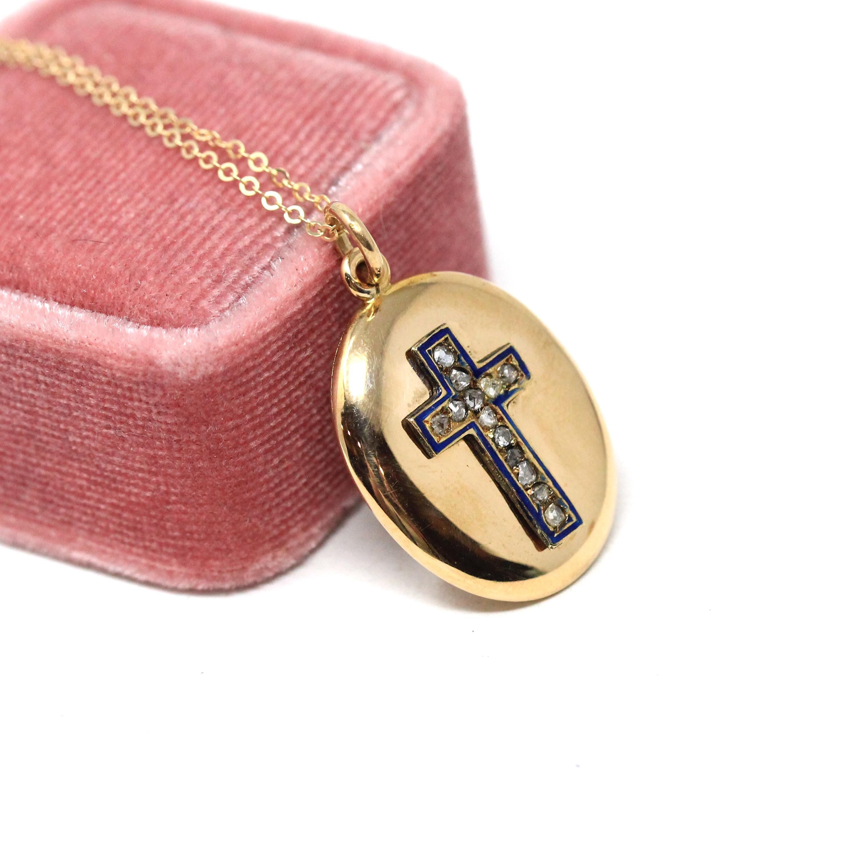 Antique Diamond Cross Pendant - Victorian 14k Yellow Gold Black Enamel Moss Agate Pendant - Vintage Religious Christian 1800s Fine Jewelry