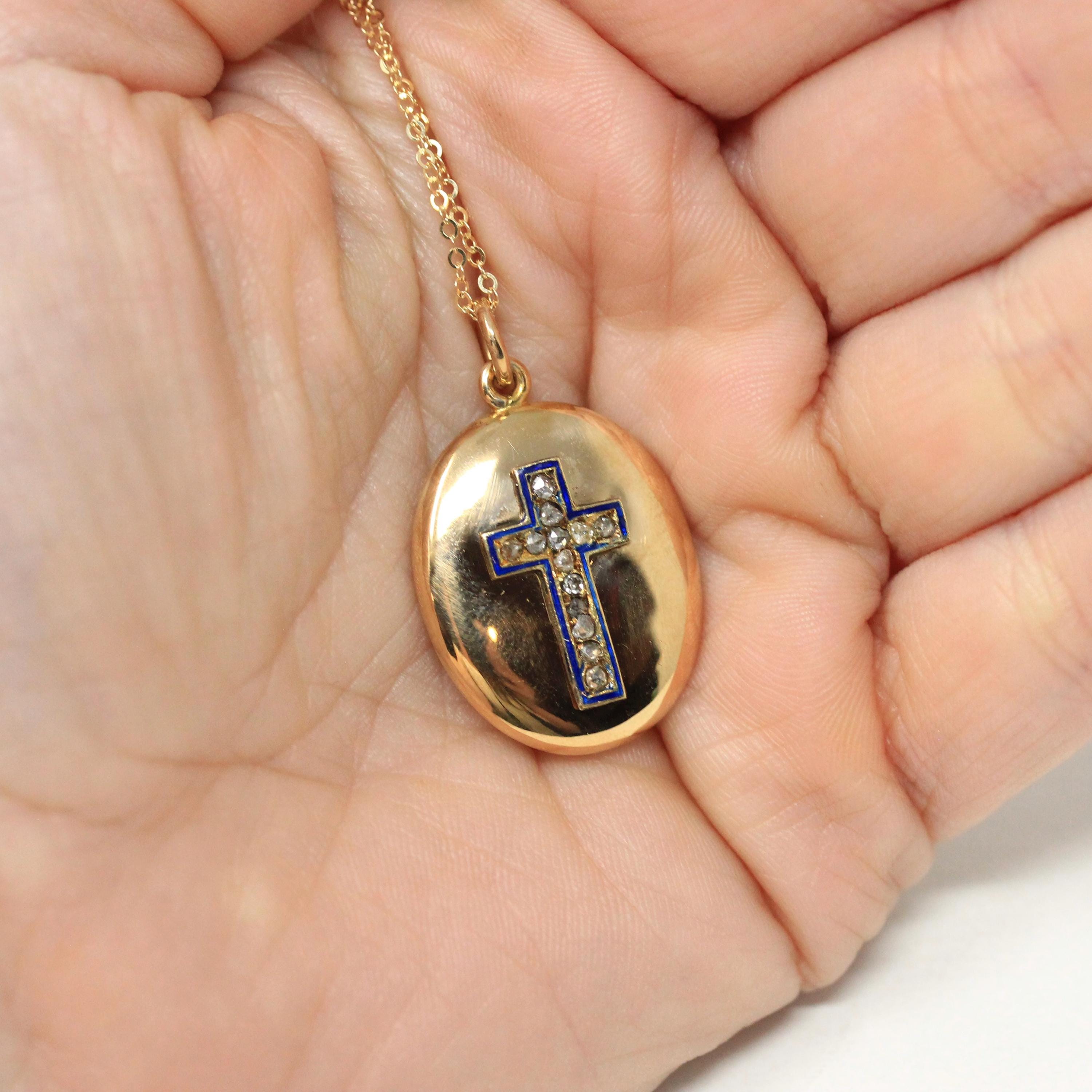 Antique Diamond Cross Pendant - Victorian 14k Yellow Gold Black Enamel Moss Agate Pendant - Vintage Religious Christian 1800s Fine Jewelry