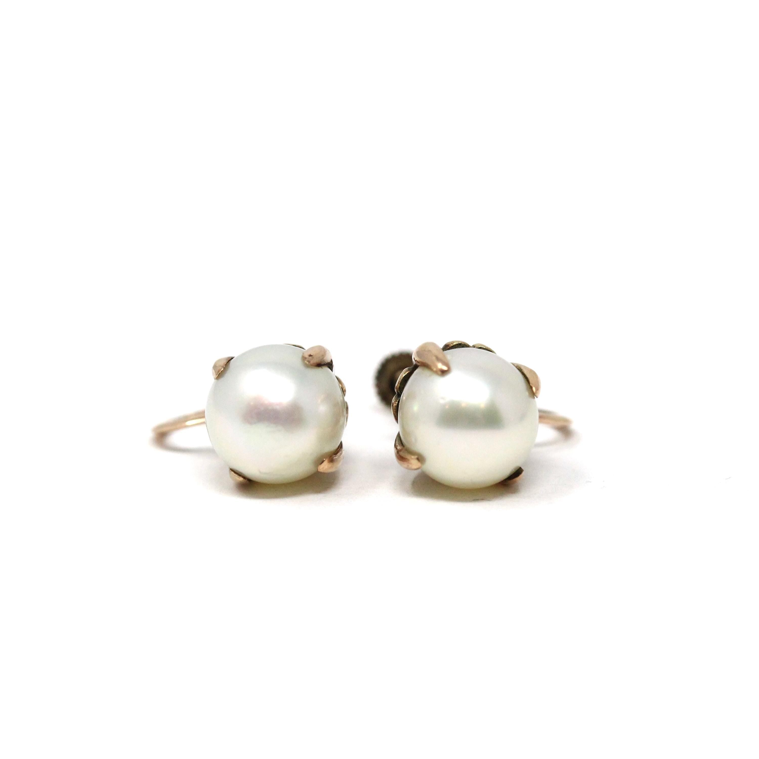 Vintage Cultured Pearl Earrings - Mid Century 10k Yellow Gold Round White Organic Gem Screw Backs - Circa 1940s Fine June Birthstone Jewelry