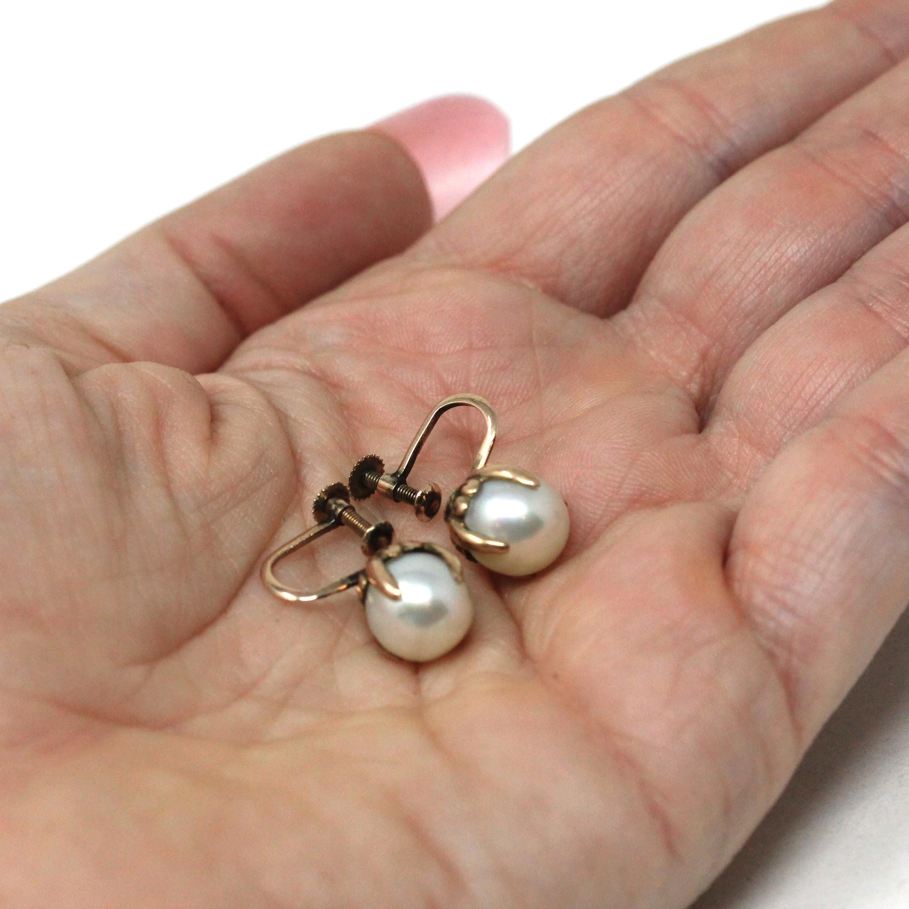 Vintage Cultured Pearl Earrings - Mid Century 10k Yellow Gold Round White Organic Gem Screw Backs - Circa 1940s Fine June Birthstone Jewelry