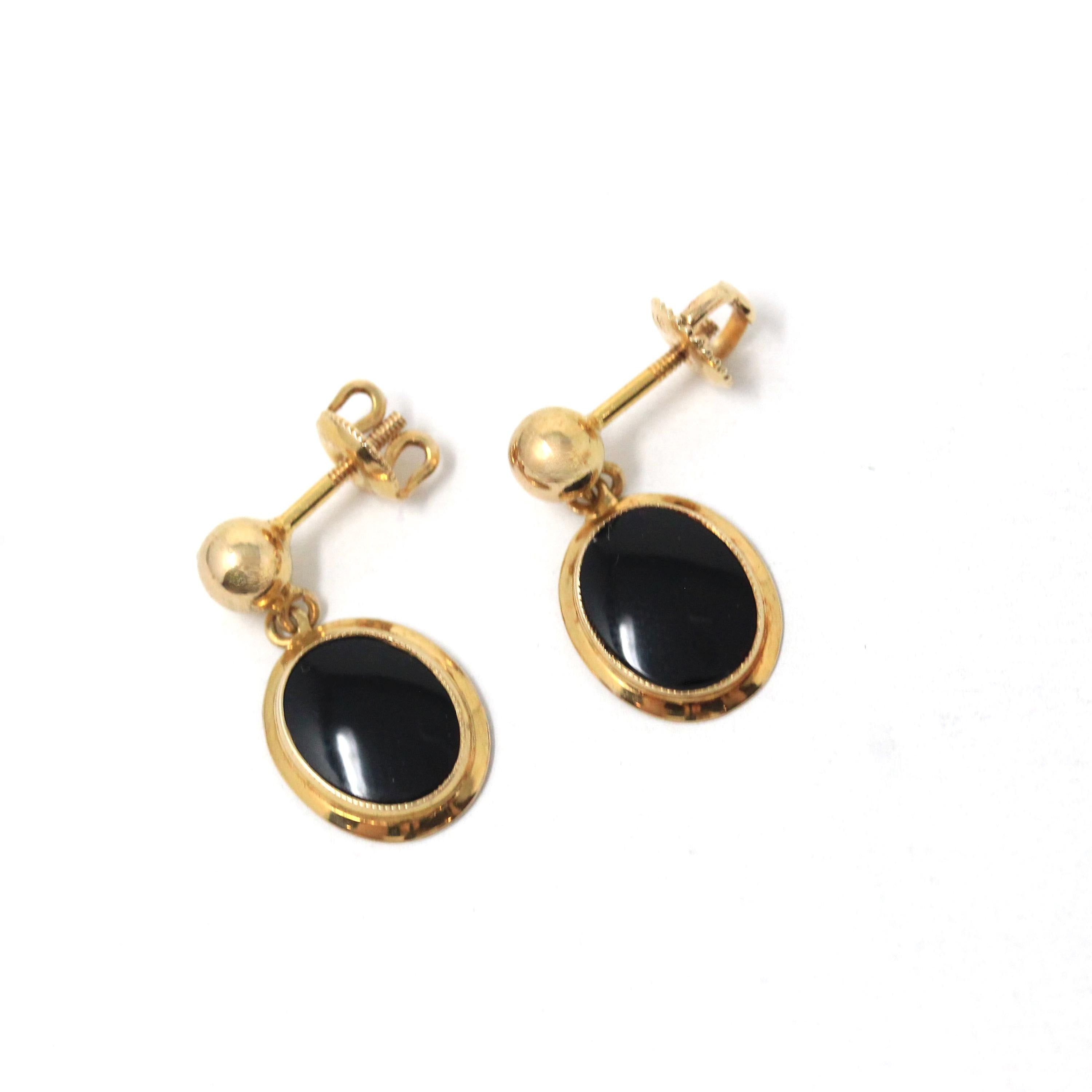 Vintage Onyx Earrings - Mid Century 10k Yellow Gold Natural Black Chalcedony Gemstones Push Backs - Circa 1950s Era Dangle Drop Fine Jewelry