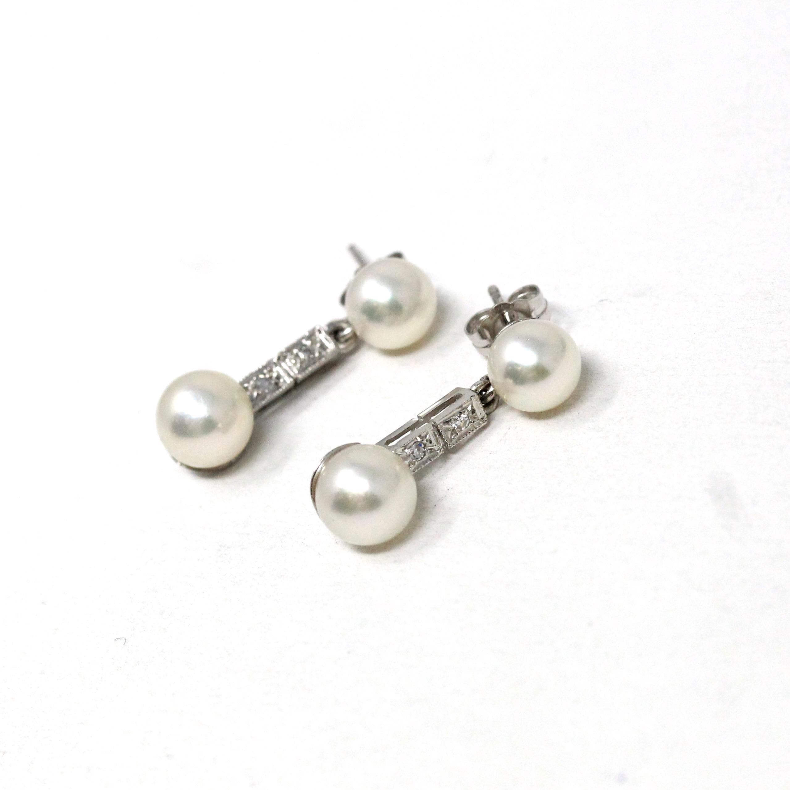 Art Deco Drop Earrings - Vintage 14k White Gold Dangle Cultured Pearls & Natural Diamond Accents - Circa 1930s Era Pierced Ears Fine Jewelry