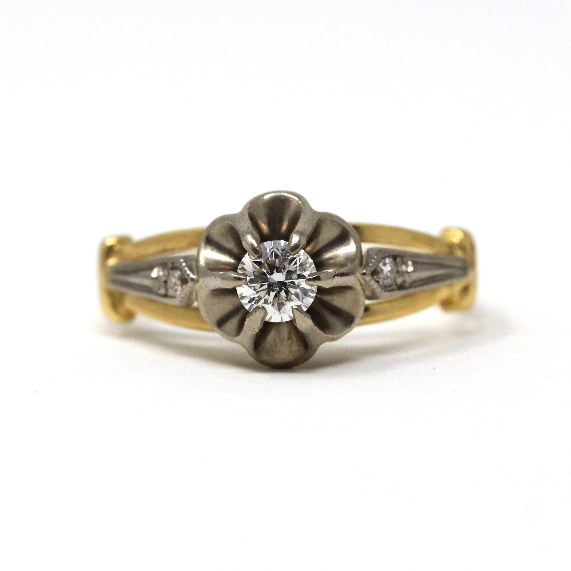 Vintage Diamond Ring - Mid Century 18k Yellow & White Gold Engagement - Circa 1960s Size 6 1/4 Two Tone Solitaire Buttercup Fine 60s Jewelry