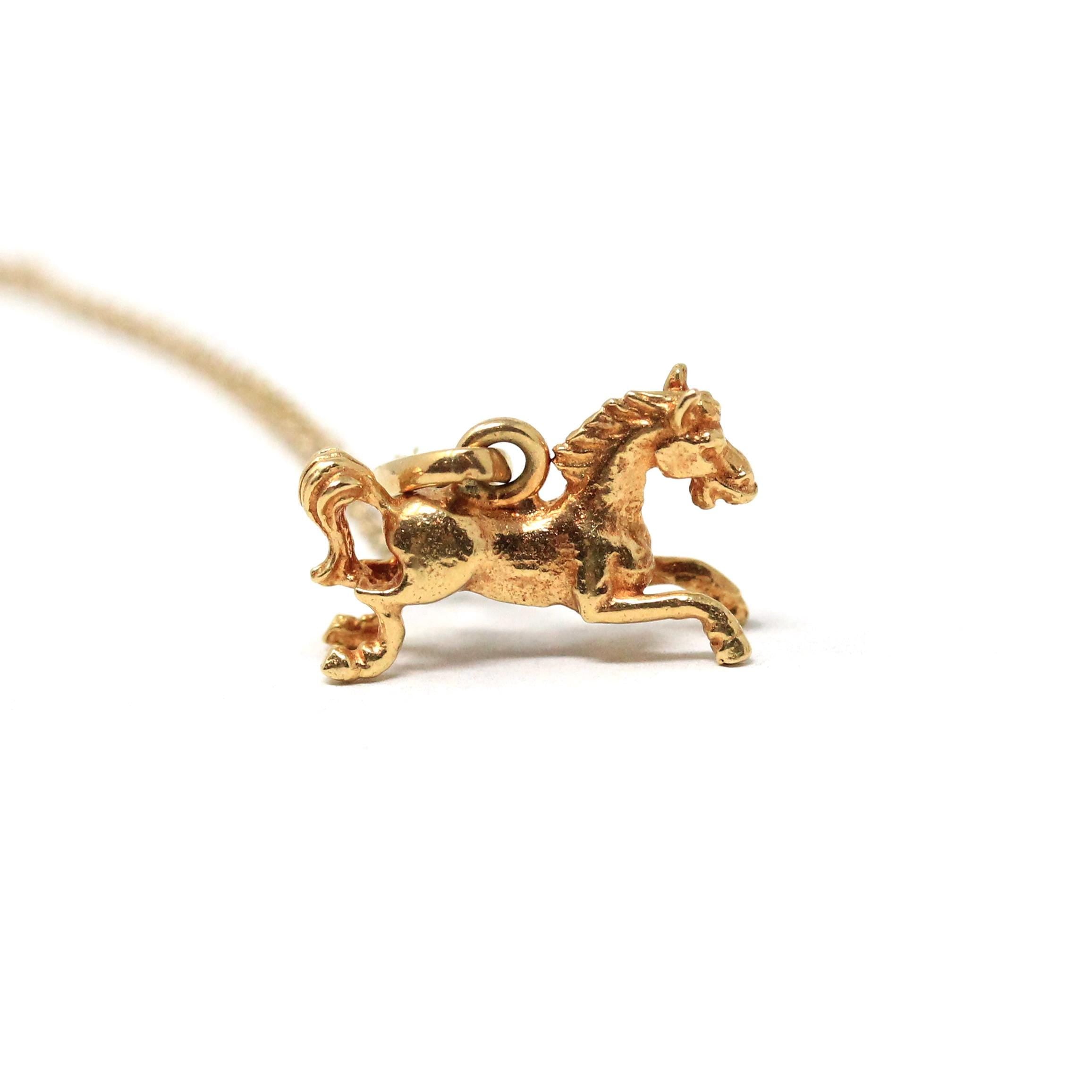 Vintage Equestrian Necklace - Retro 18k Yellow Gold Figural Detailed Horse Charm - Circa 1960s Era Dainty Pendant Fine Statement Jewelry