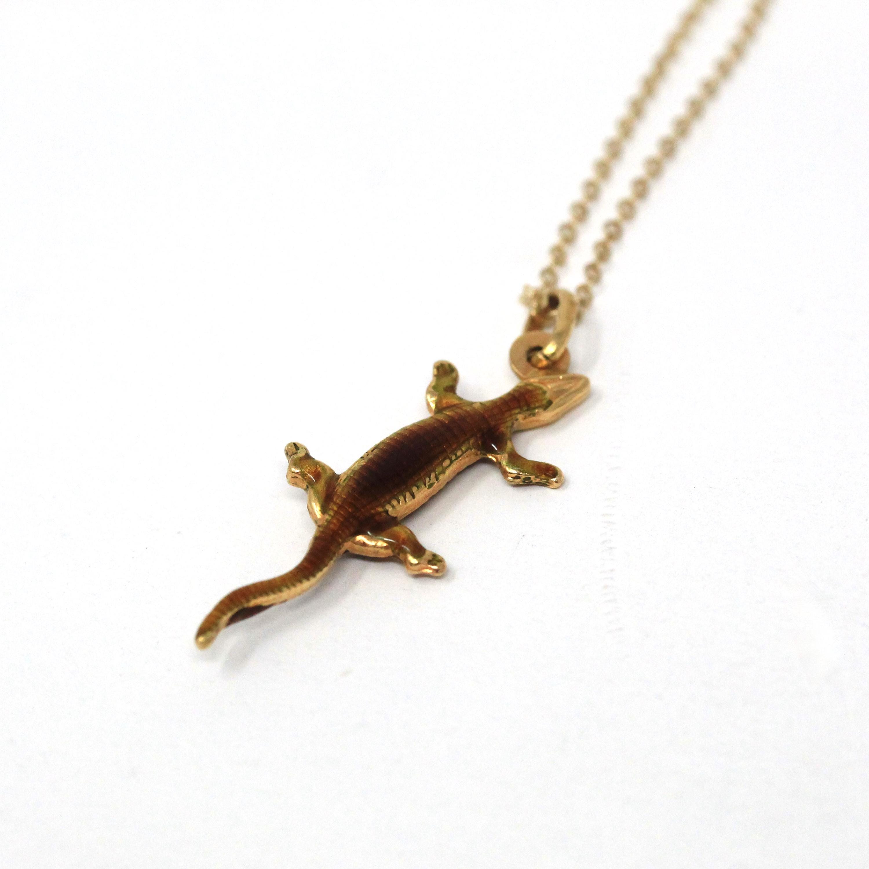 Vintage Lizard Necklace - Retro 18k Yellow Gold & Enamel Figural Reptile Charm - Circa 1960s Era Dainty Pendant Fine Statement 60s Jewelry